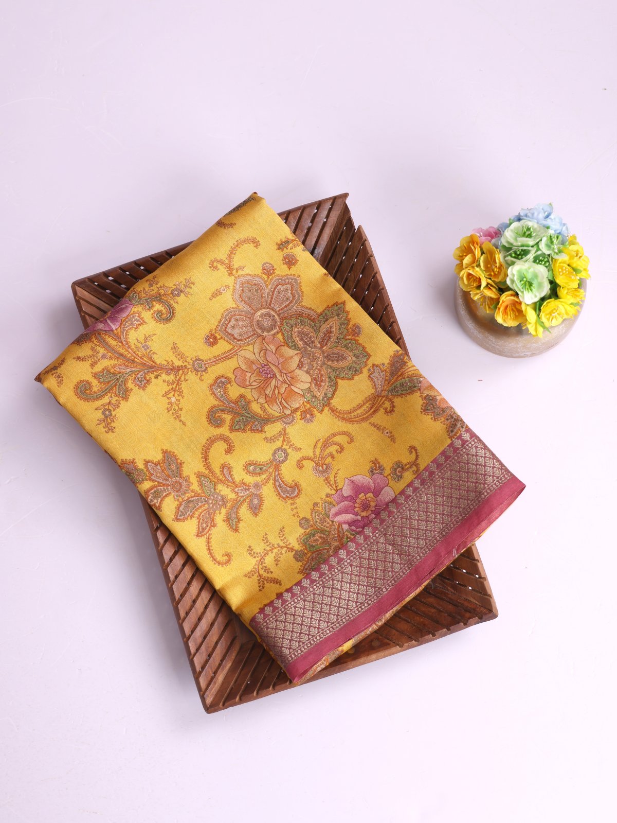 Mustard Yellow Printed Chaniya Silk Saree With Zari Border 