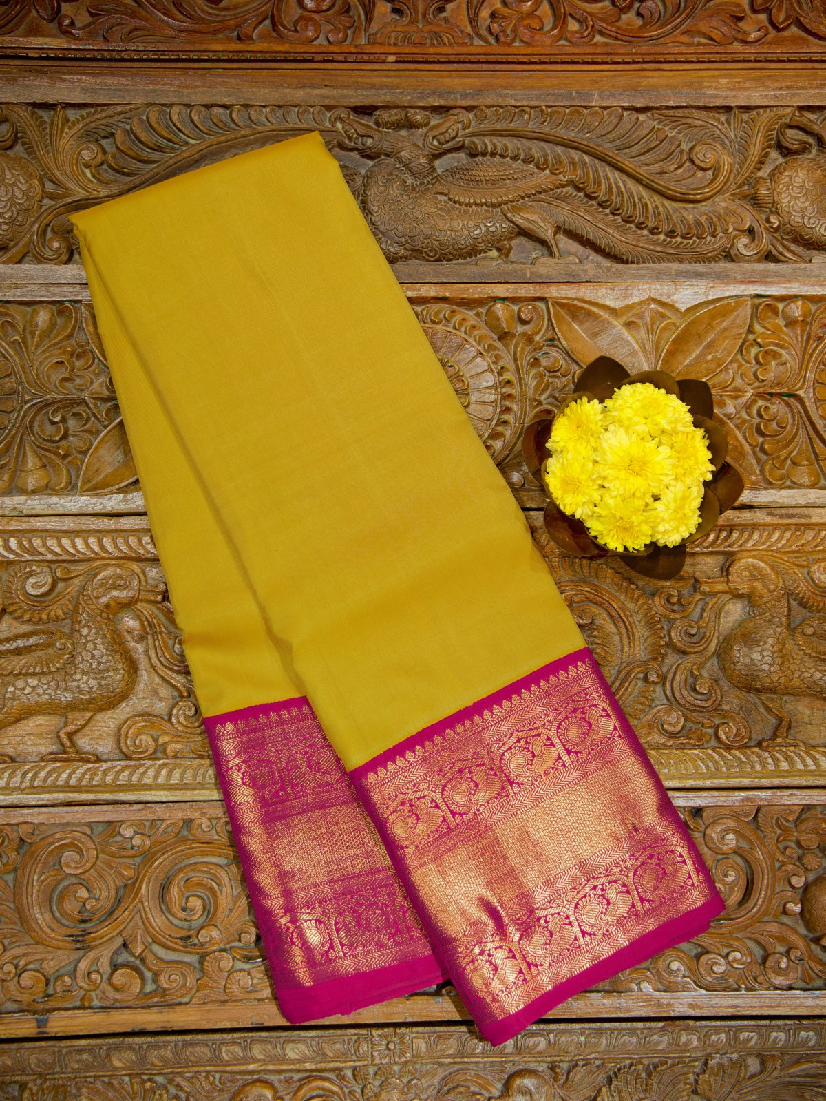 Mustard Yellow Kanjeevaram Silk Saree With Pink Zari Border