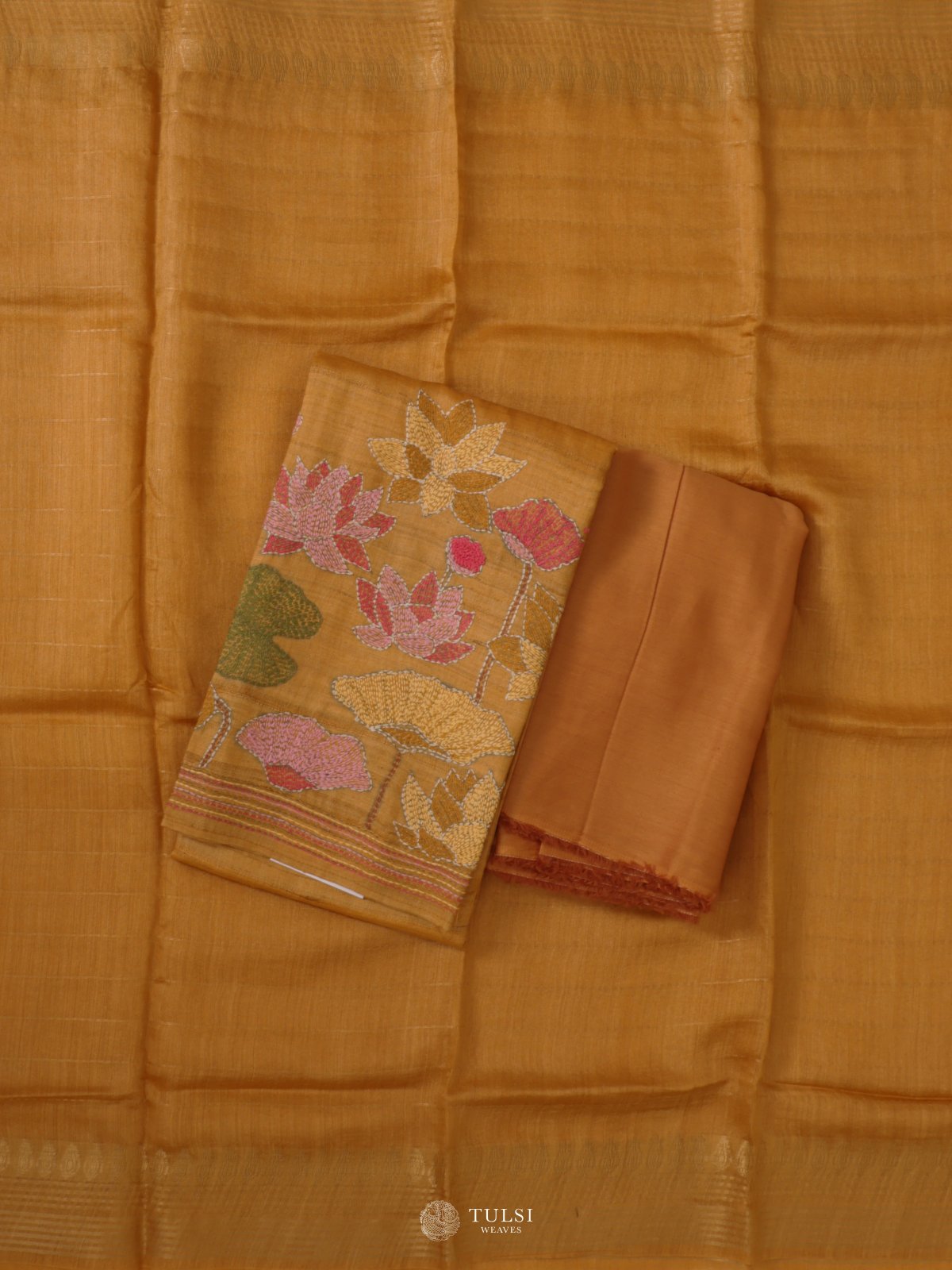 Mustard Yellow Tussar Salwar Material With Kantha Embroidery