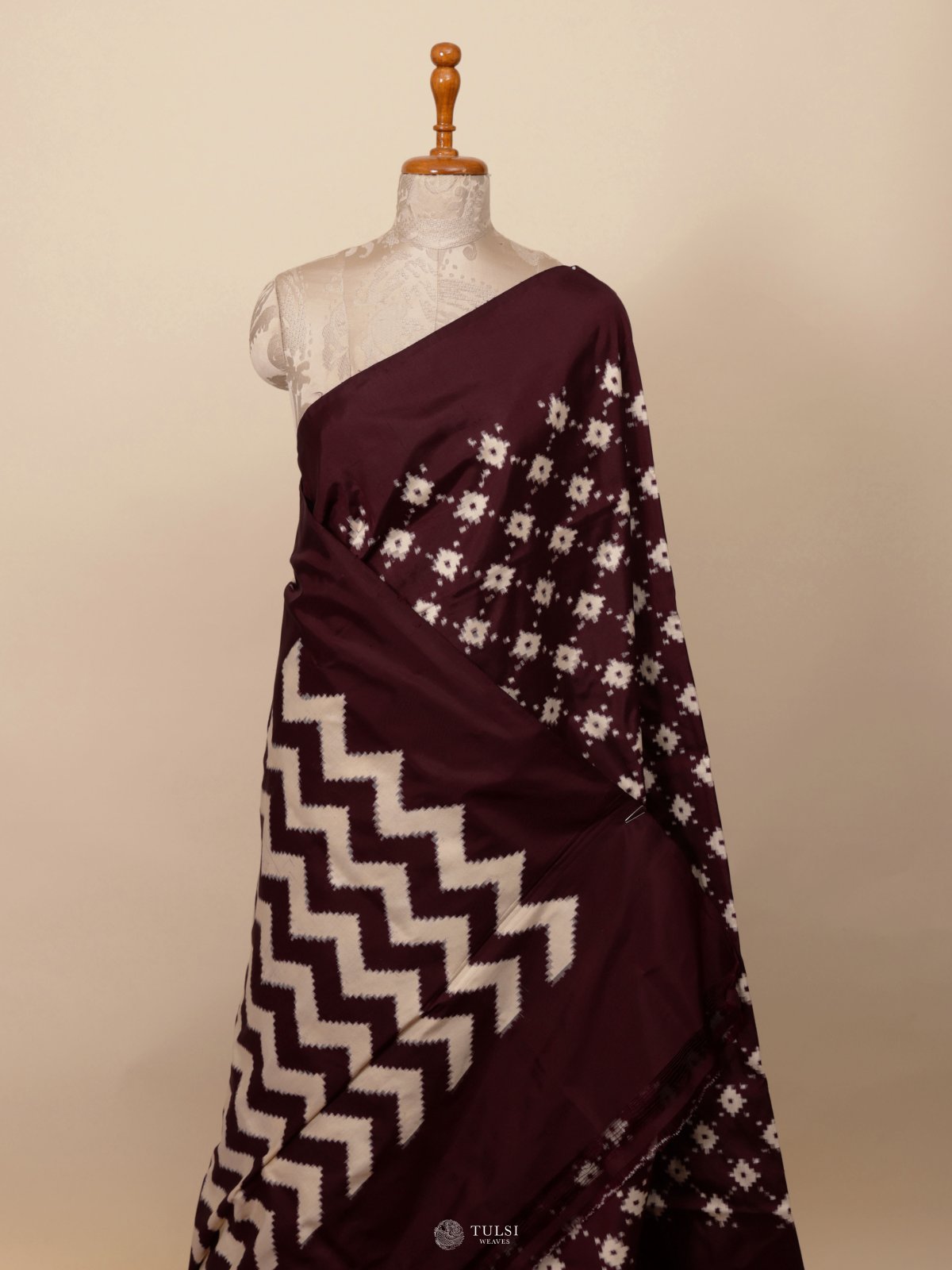 Burgundy Ikat Silk Saree