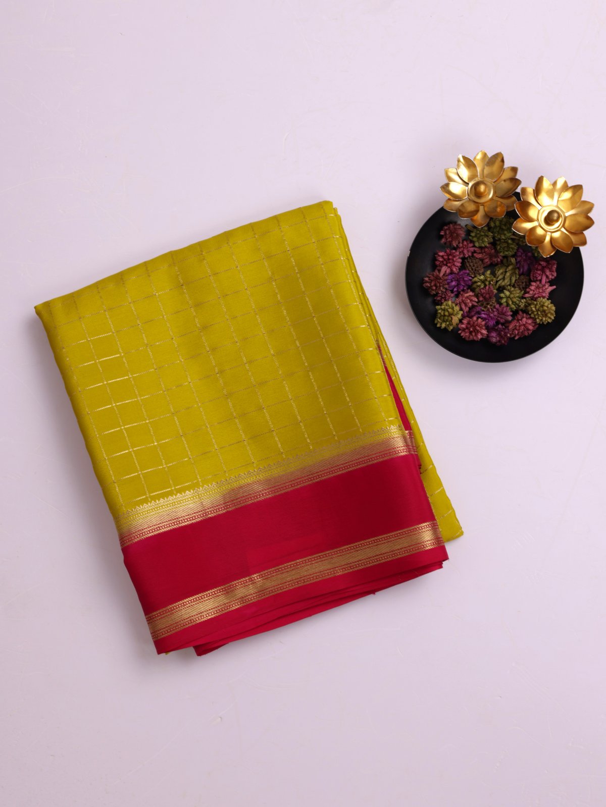 Greenish Yellow Zari Checked Mysore Silk Saree With Pink Border