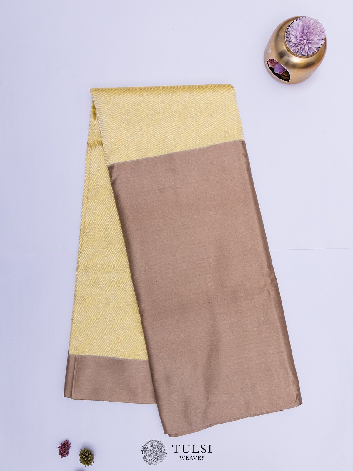 Pastel Yellow Mashru Silk Saree with Light Brown Border