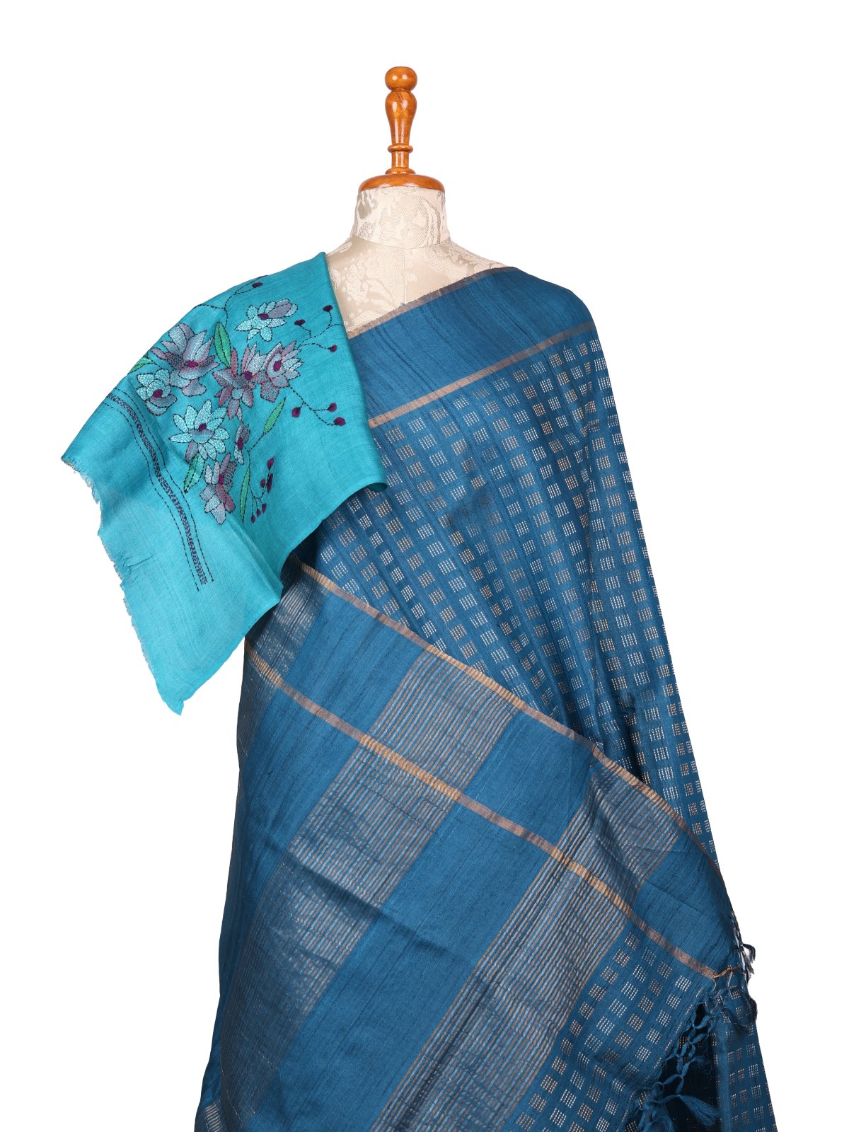 Peacock Blue Tussar Silk Saree with Kantha Embroidered Blouse