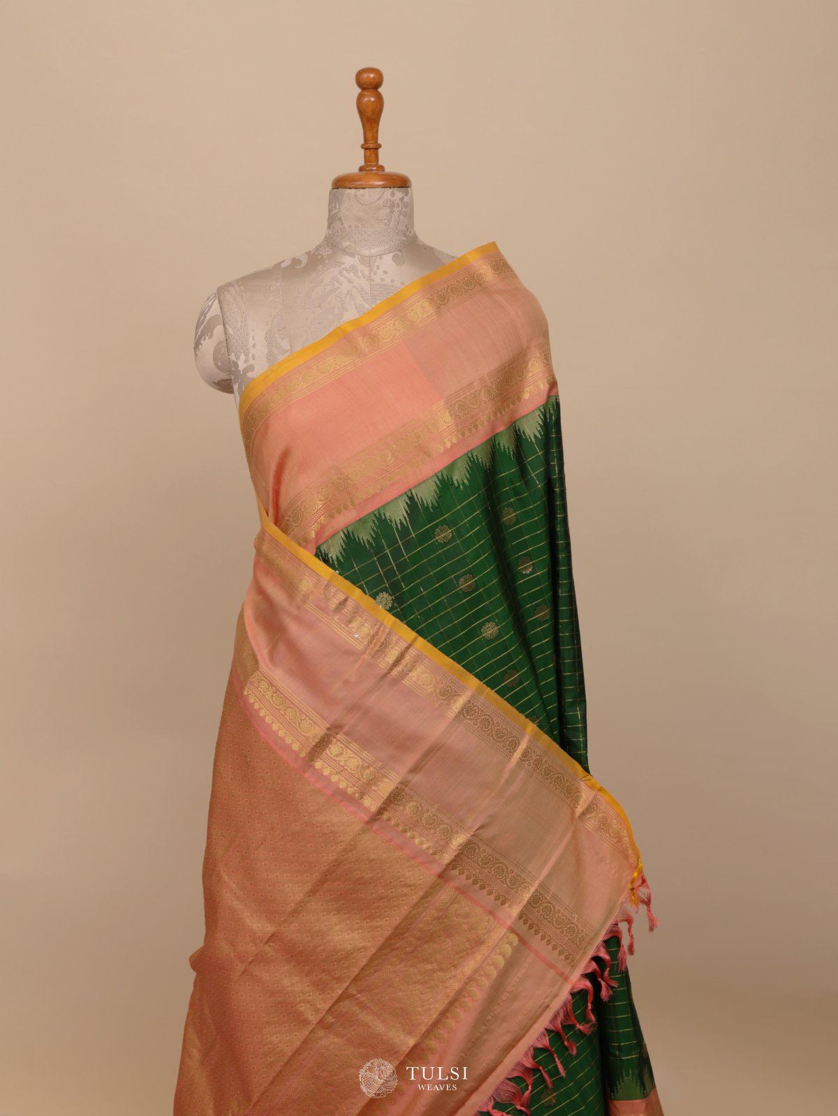 Green Gadwal Silk Saree With Peach Border