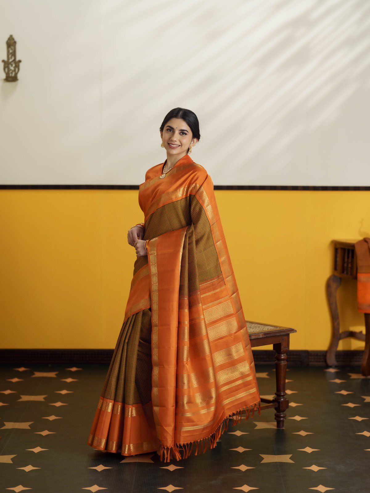 Vintage 64 - Orange And Green Checked Kanjeevaram Silk Saree With Orange Double Border