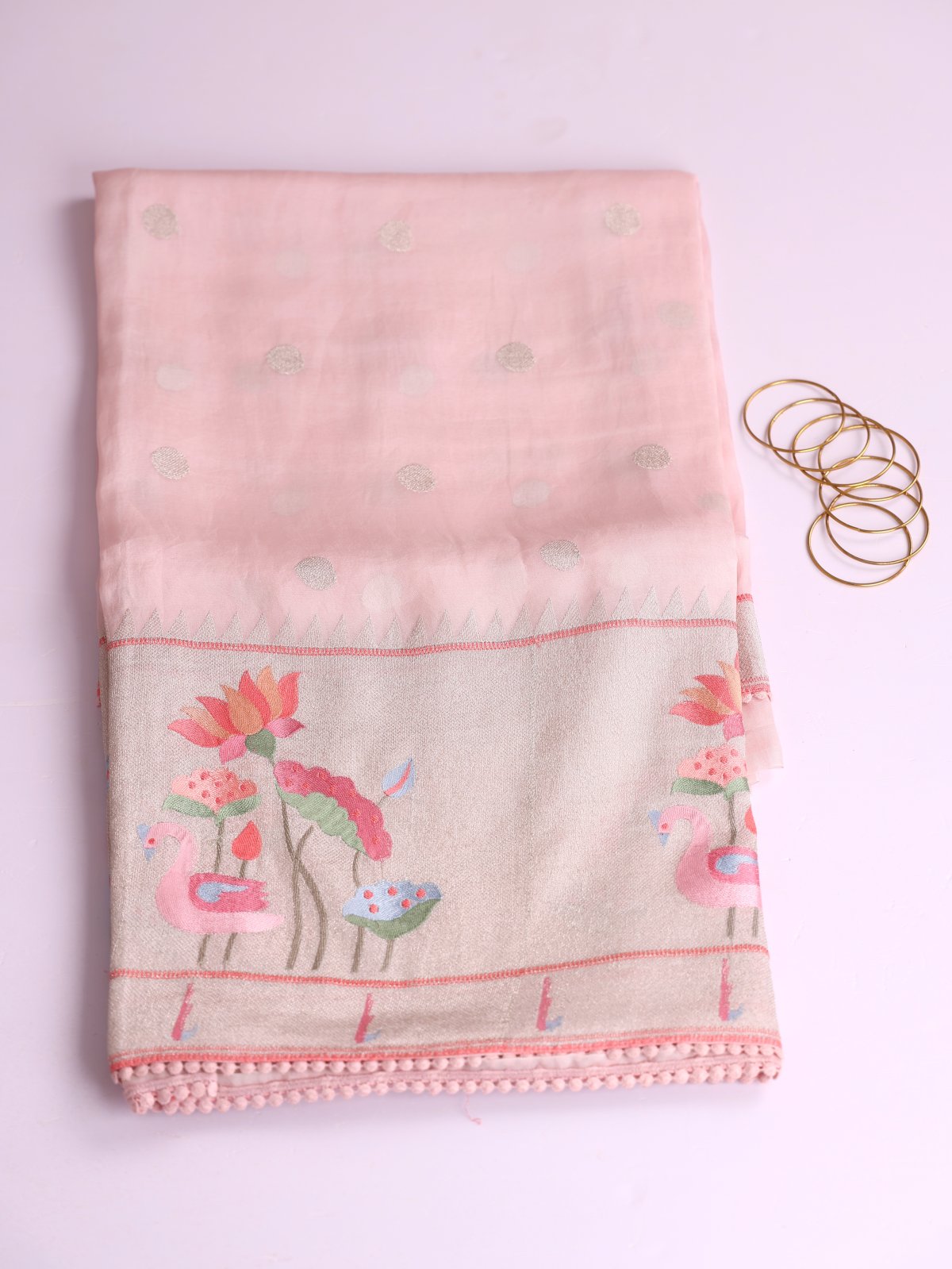 Baby Pink Organza Saree With Paithani Embroidery