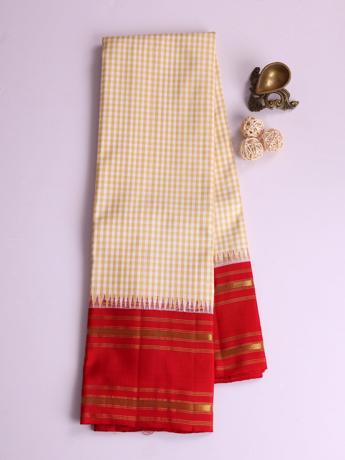 White And Yellow Checked Kanjeevaram Silk Saree With Red Border