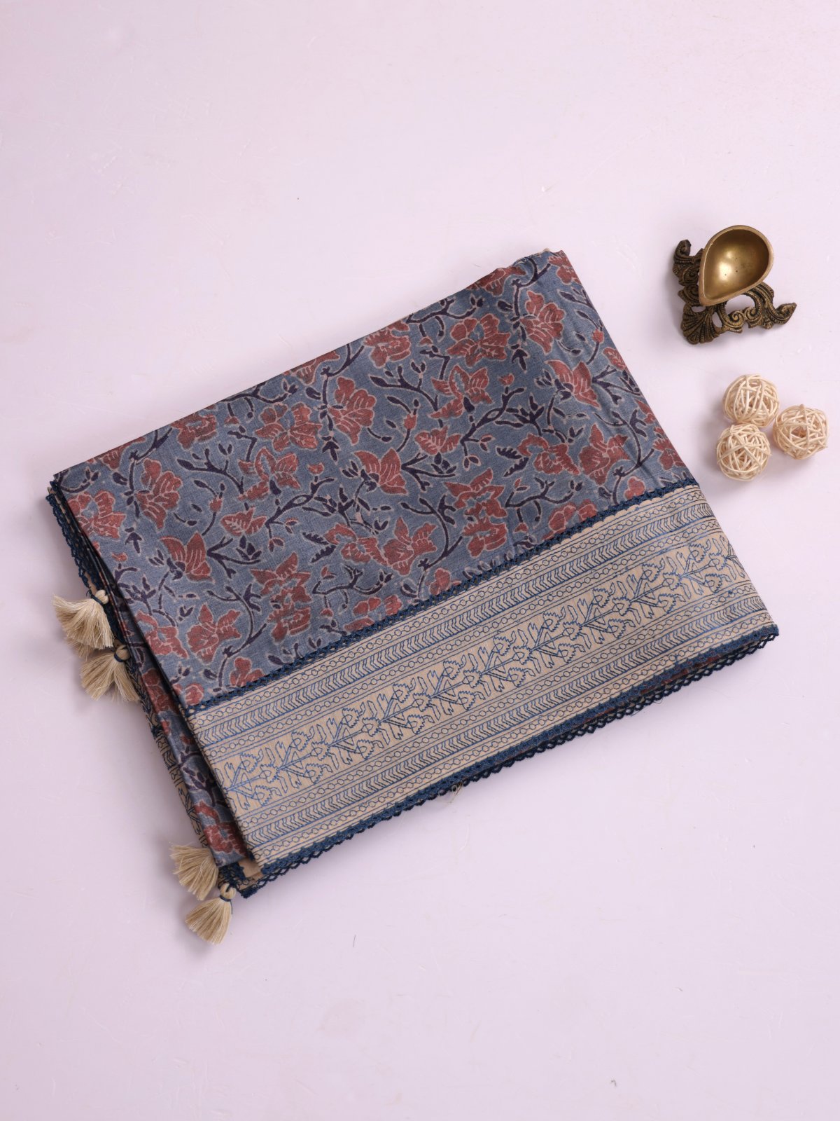 Dusty Blue Ajrakh Printed Munga Tussar Silk Saree With Embroidery