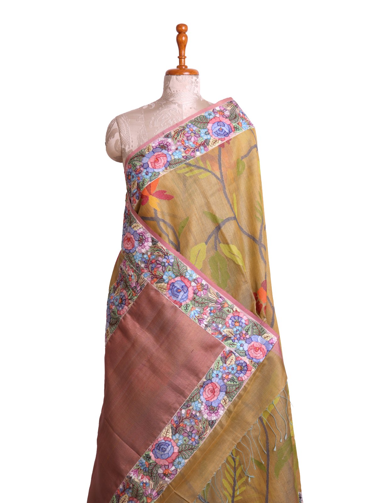 Light Mehendi Green Kora Jamdani Silk Saree With Shadow Embroidered Border