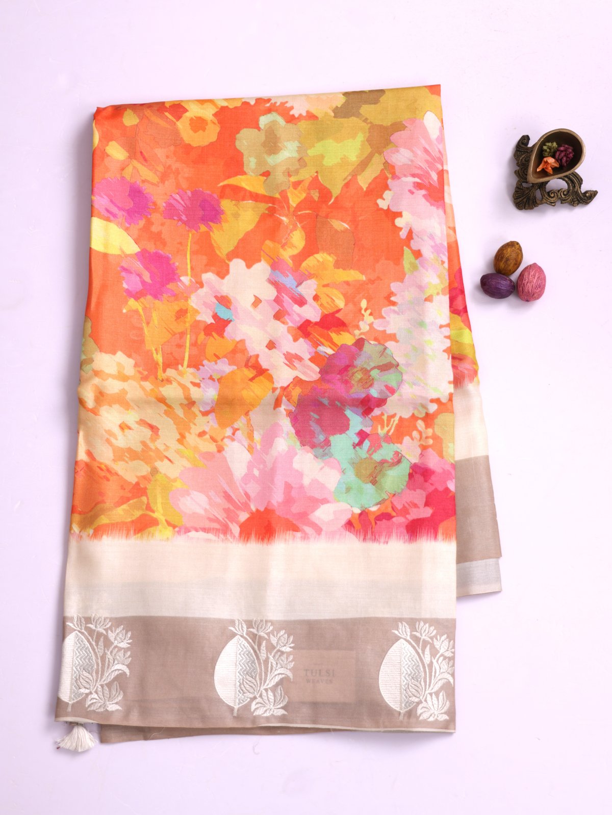 Orange Printed Tussar Silk Saree With Beige Embroidered Border