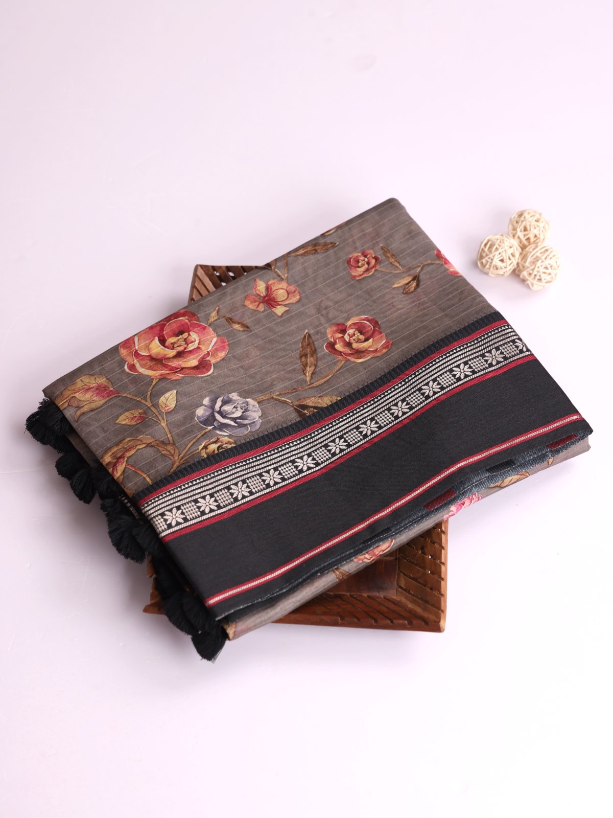 Grey Printed Chanderi Cotton Saree With Black Vidarbha Border