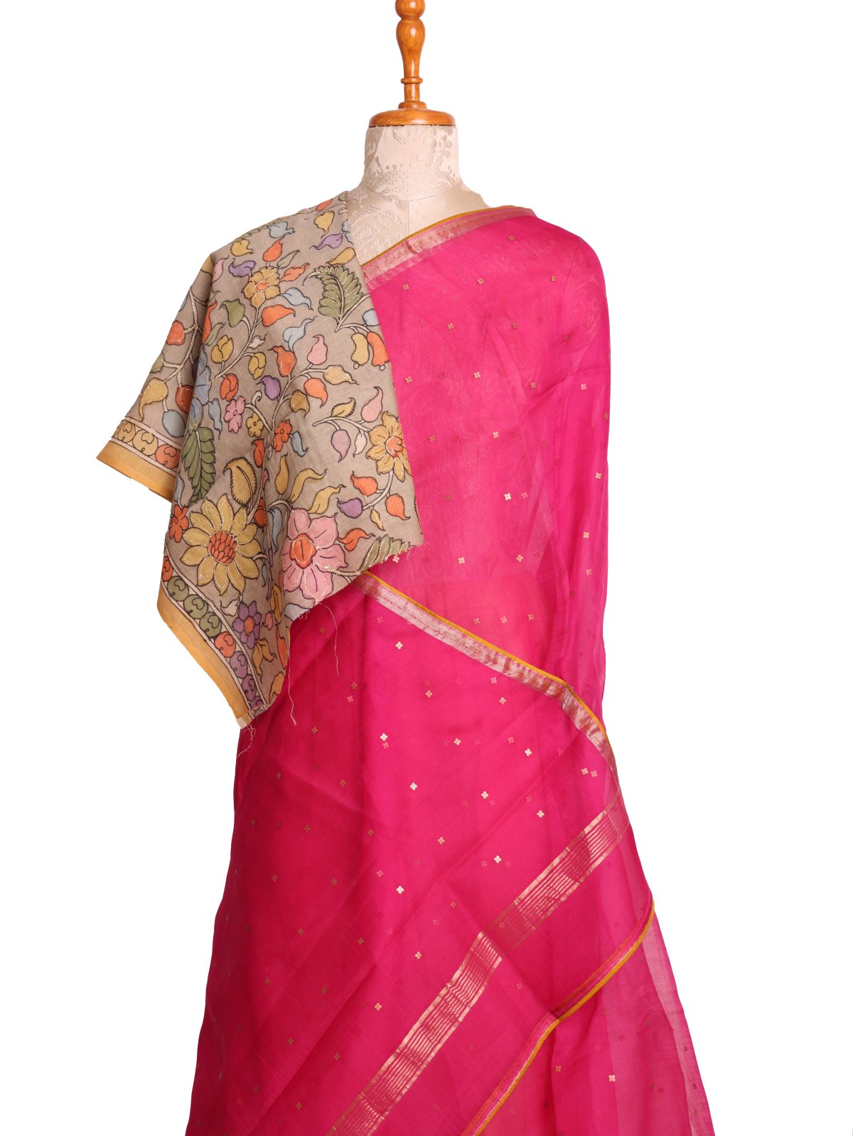 Pink Organza Silk Saree With Kalamkari Blouse