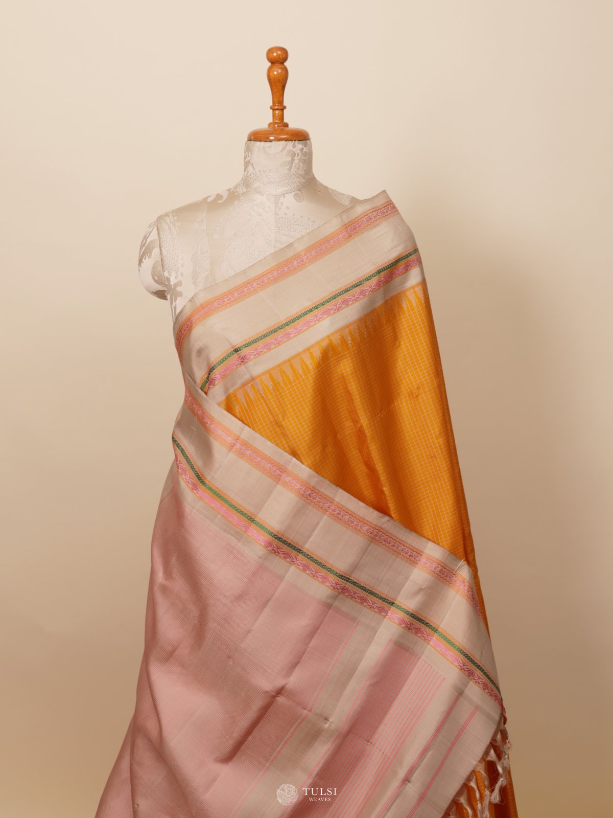 Mustard Yellow Checked Gadwal Beige Border Silk Saree
