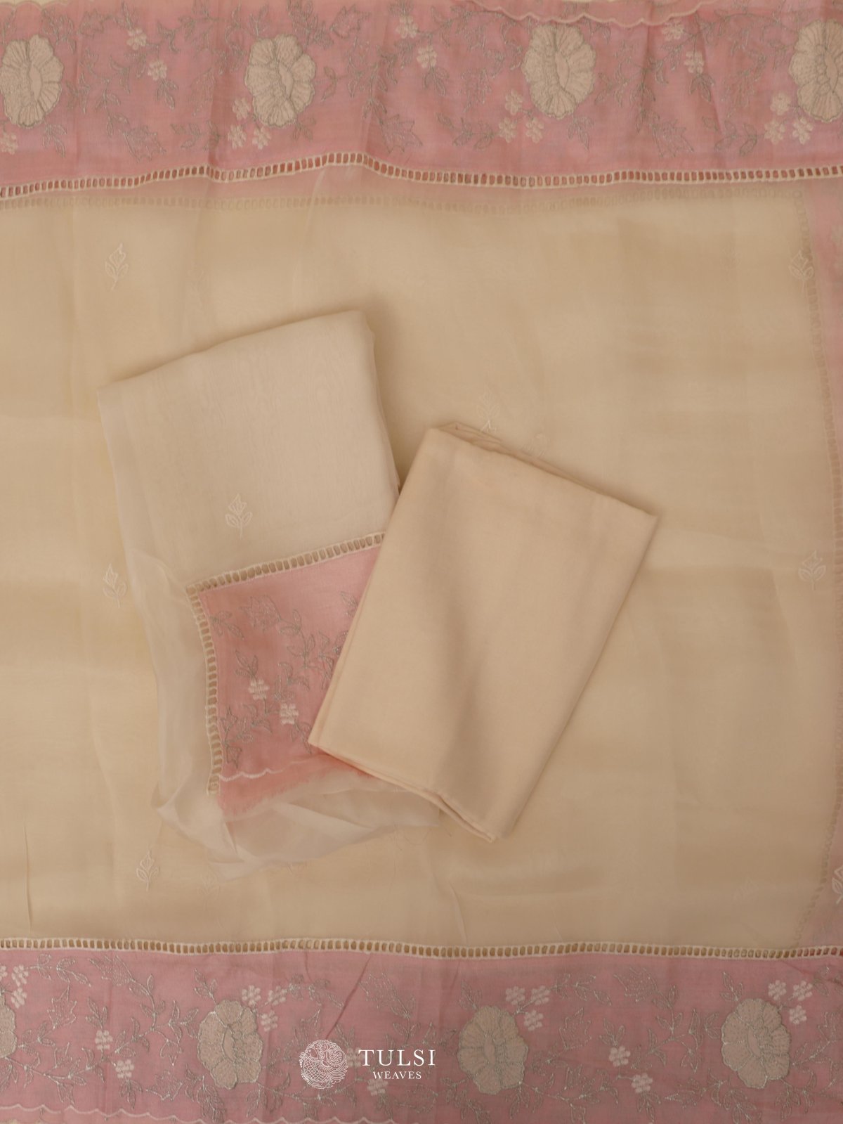 White Organza Salwar Material With Pink Border