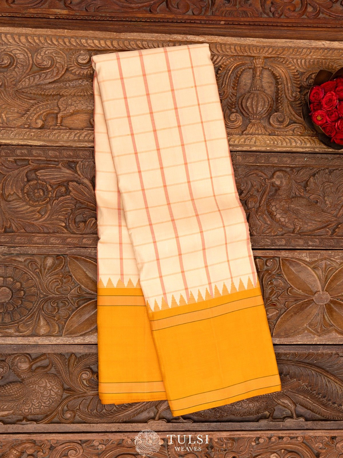 Off White Checked Kanjeevaram Silk Saree