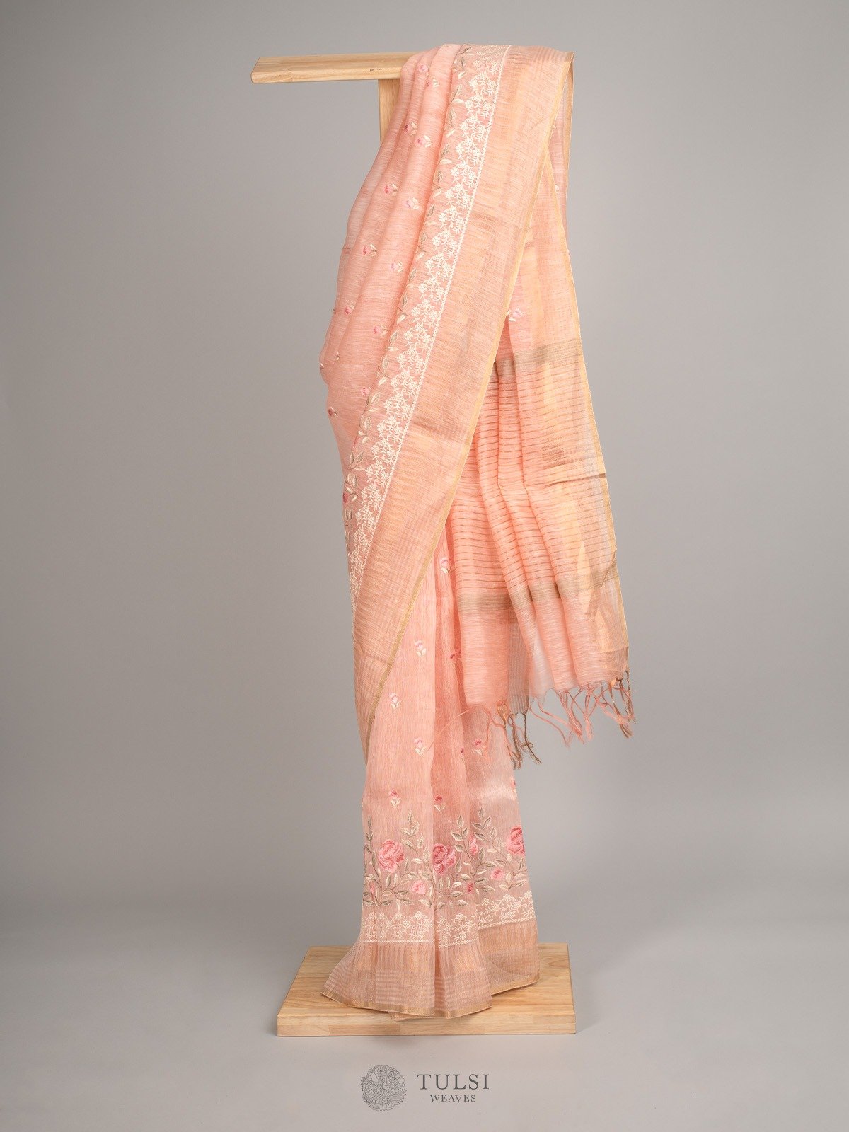 Peach Linen Silk Saree With Floral Embroidery 