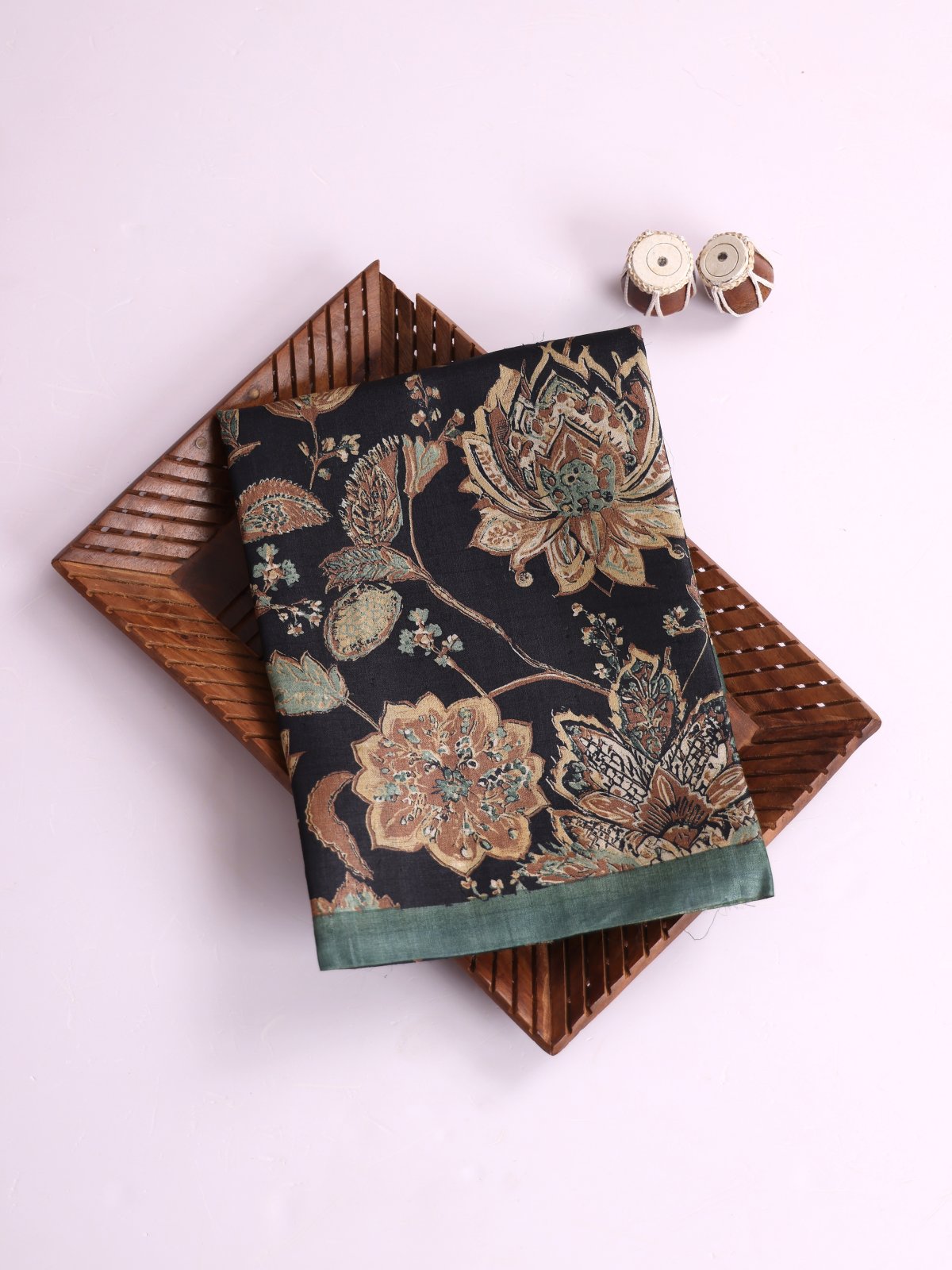 Black Printed Tussar Silk Saree With Sage Green Border