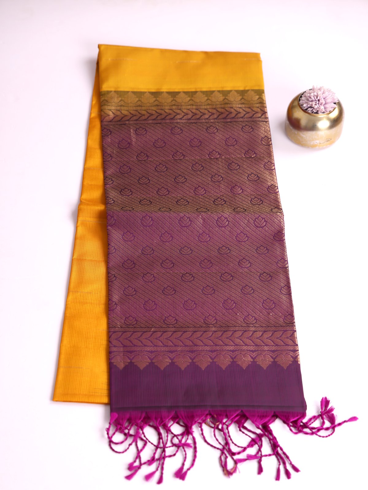 Mustard Yellow Soft Silk Saree With Purple Border