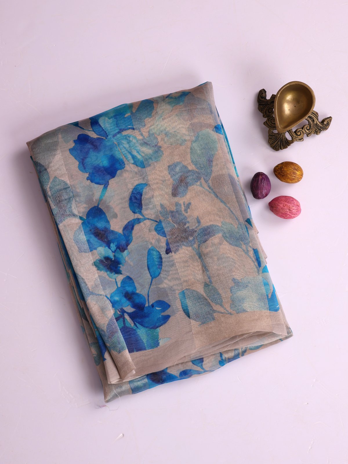 Greige Printed Organza Silk Saree