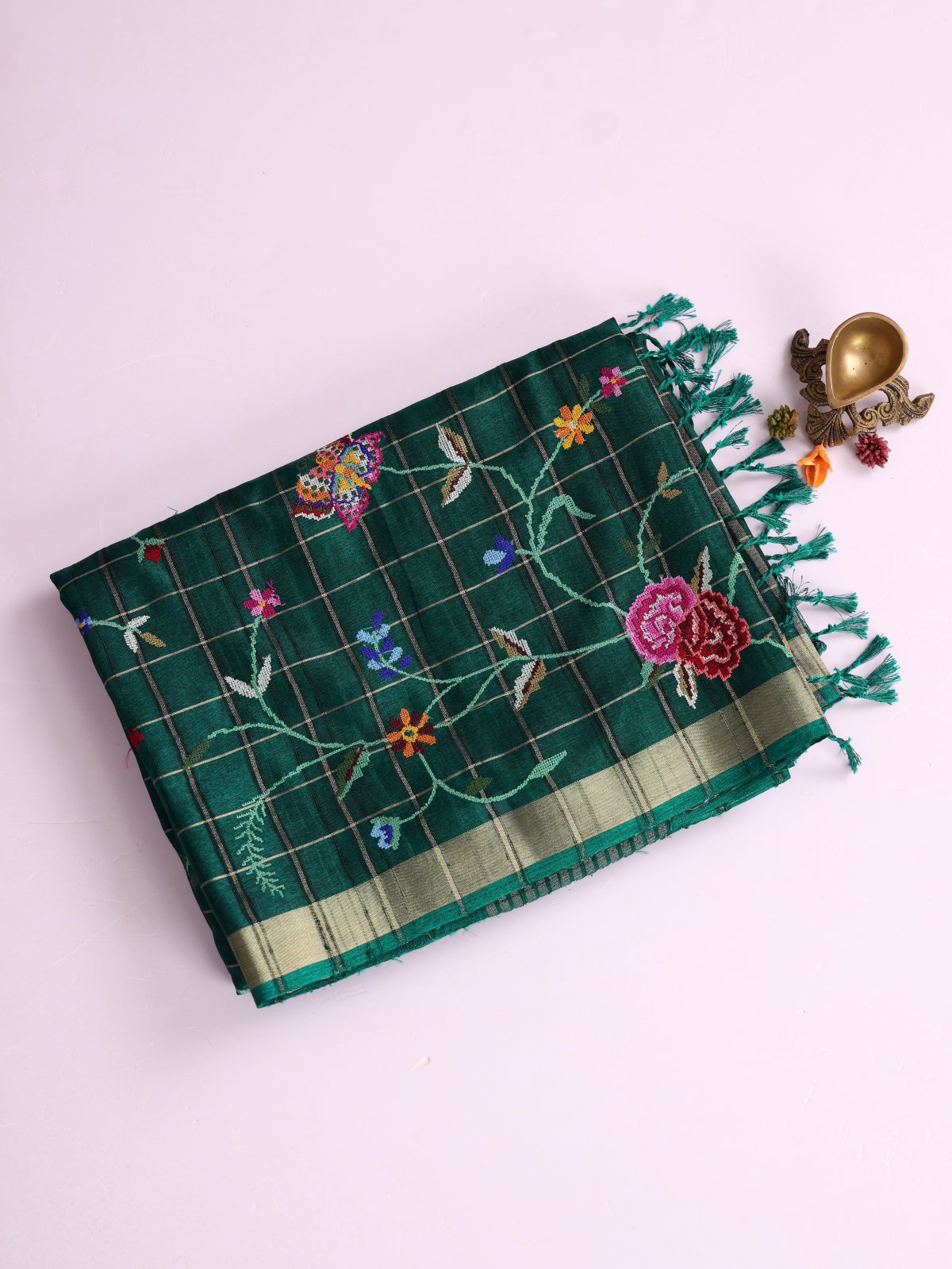 Peacock Green Zari Checked Semi Tussar Silk Saree With Cross-Stitch Embroidery