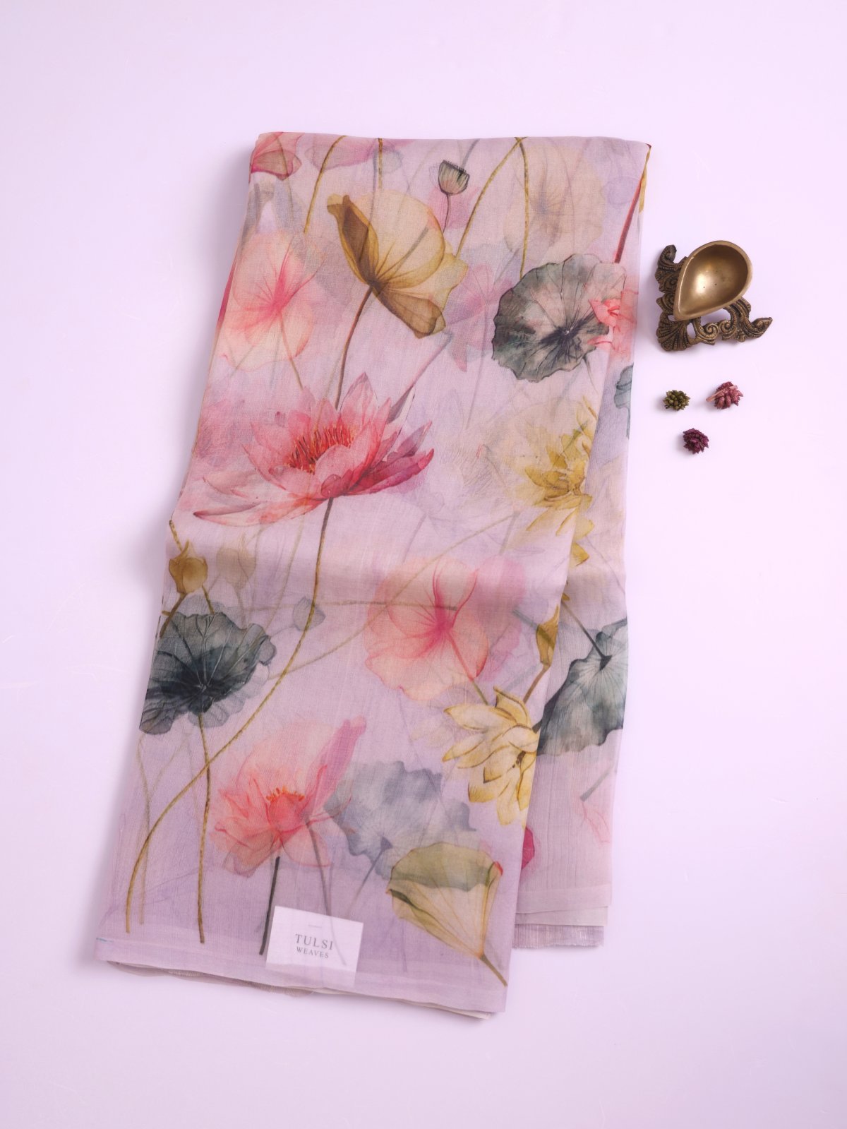 Lilac Printed Organza Silk Saree with Jamdani Pallu