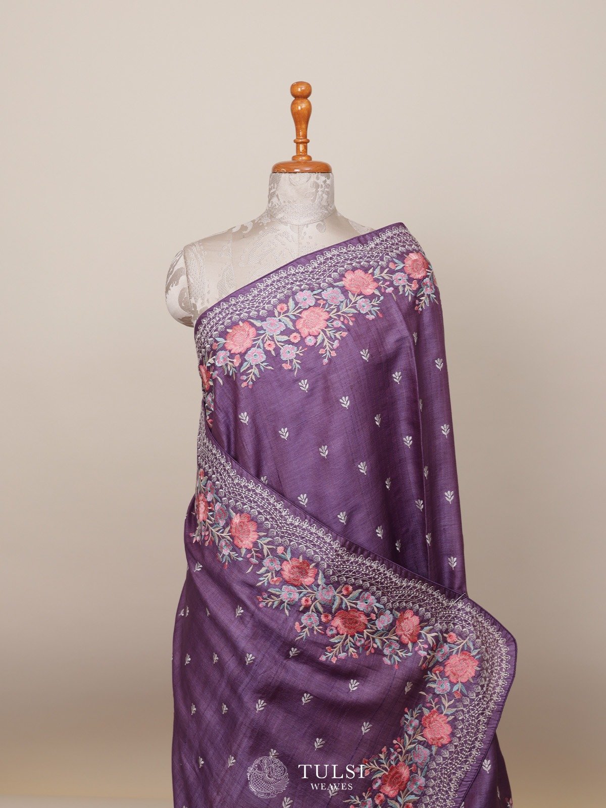 Pastel Purple Tussar Silk Saree with Floral Embroidery Border