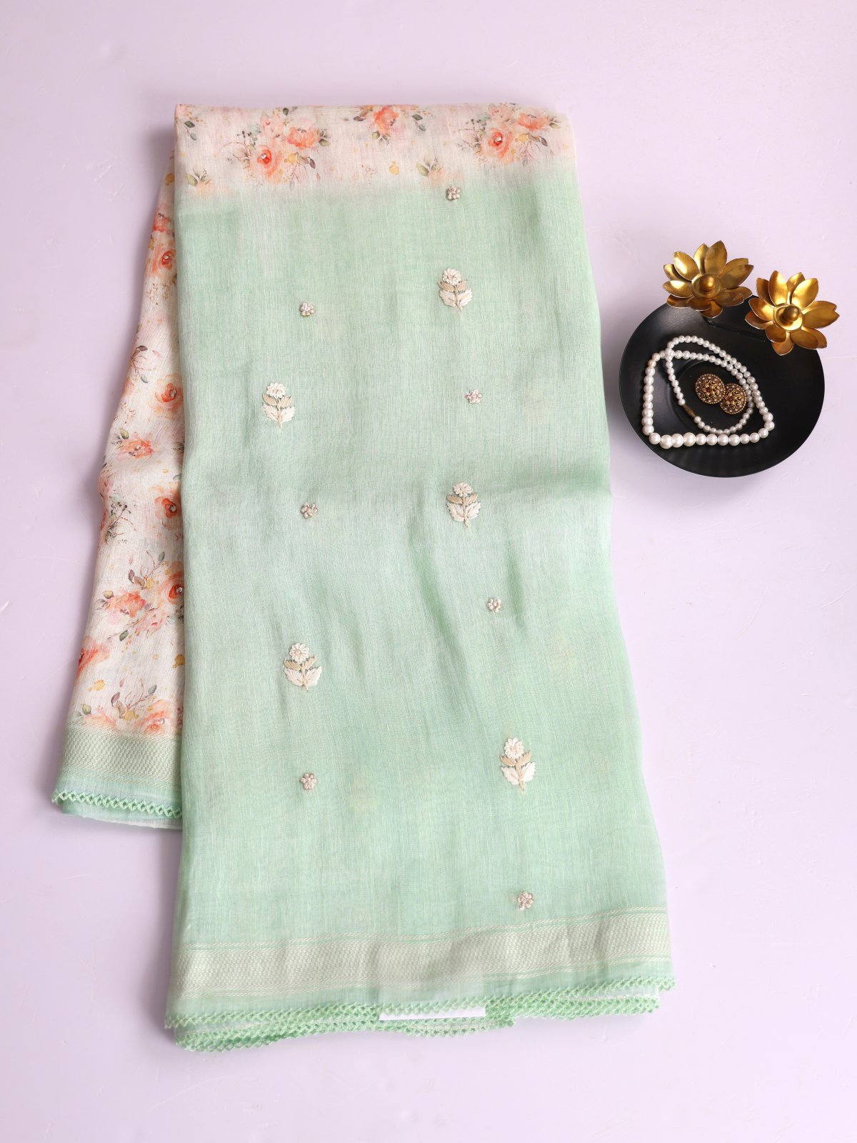 Off-White Printed Linen Saree With Pastel Green Embroidered Border
