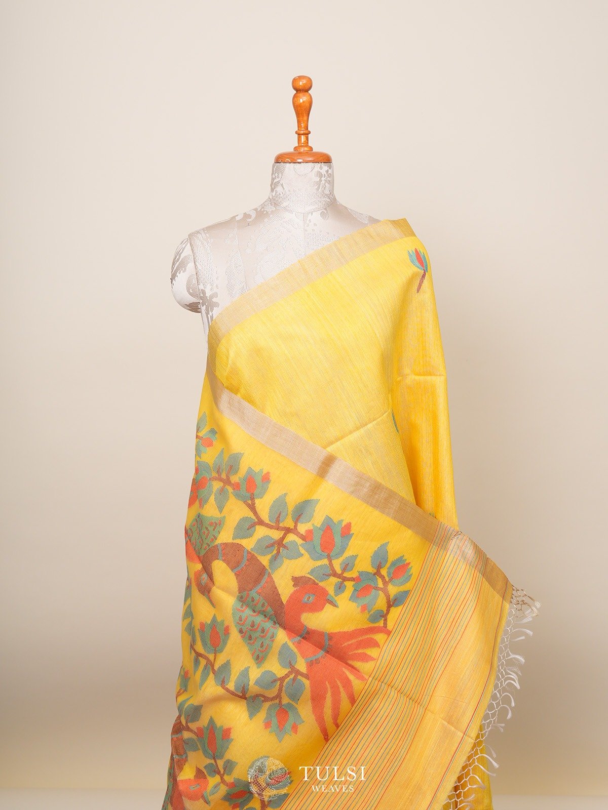 Yellow Tussar Jamadani Silk Saree