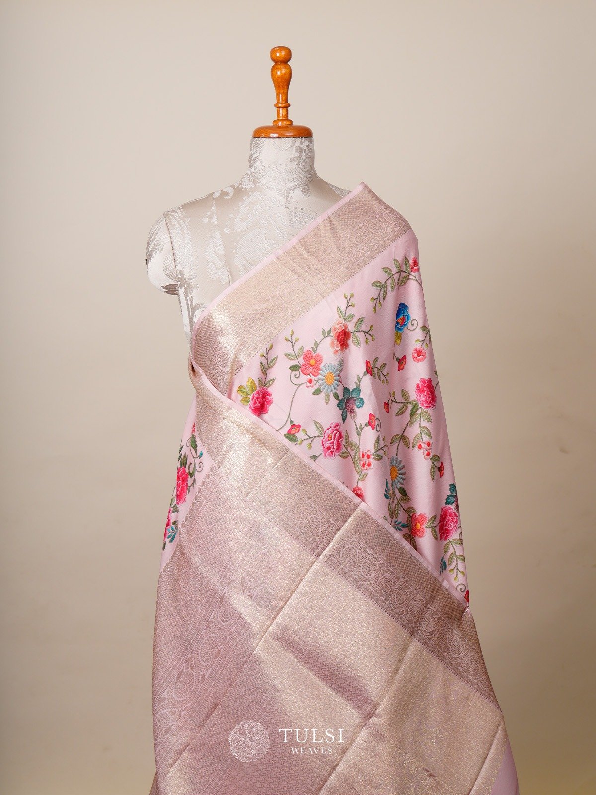 Baby Pink Printed Kanjeevaram Silk Saree with Rettapett Border