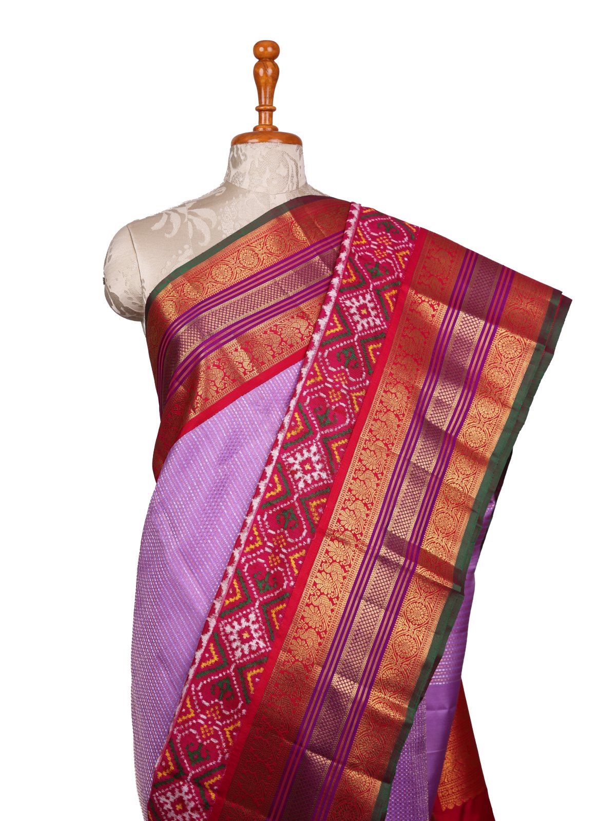 Lavender Zari Striped Kanjeevaram Silk Saree With Pink Patan Patola Border