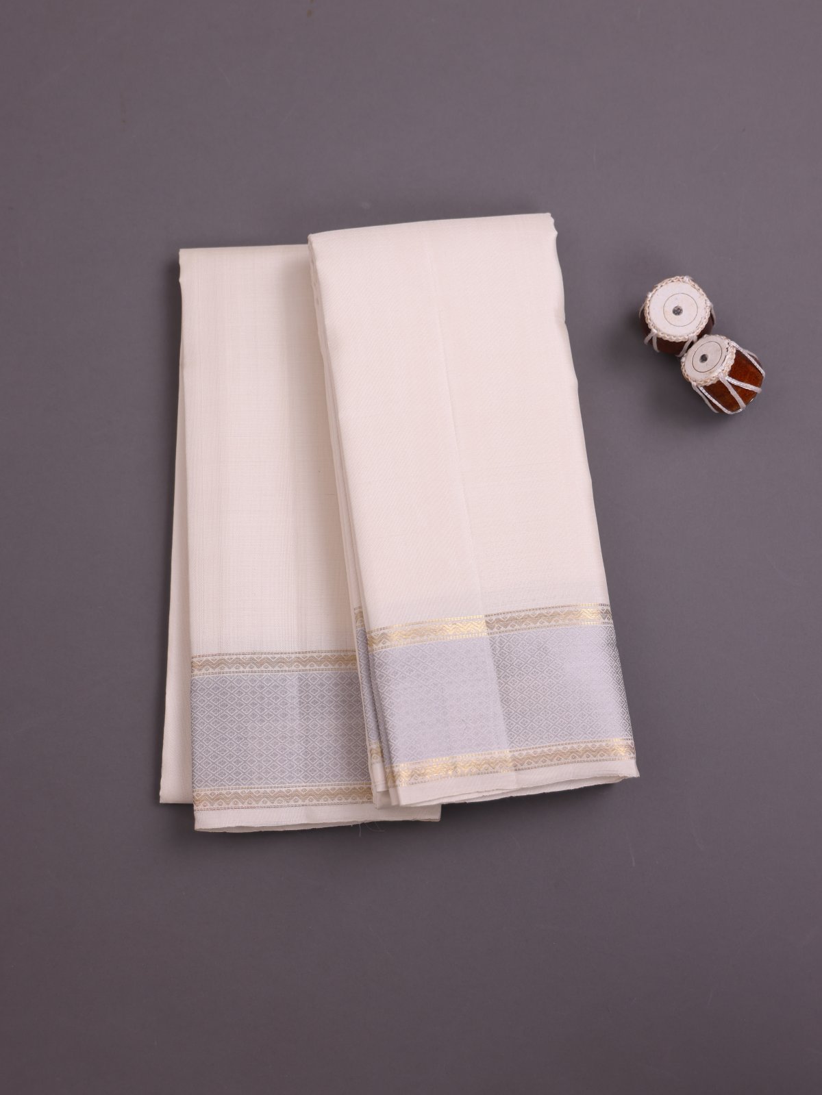 Cream Silk Dhoti and Vasthram with Grey Zari Border