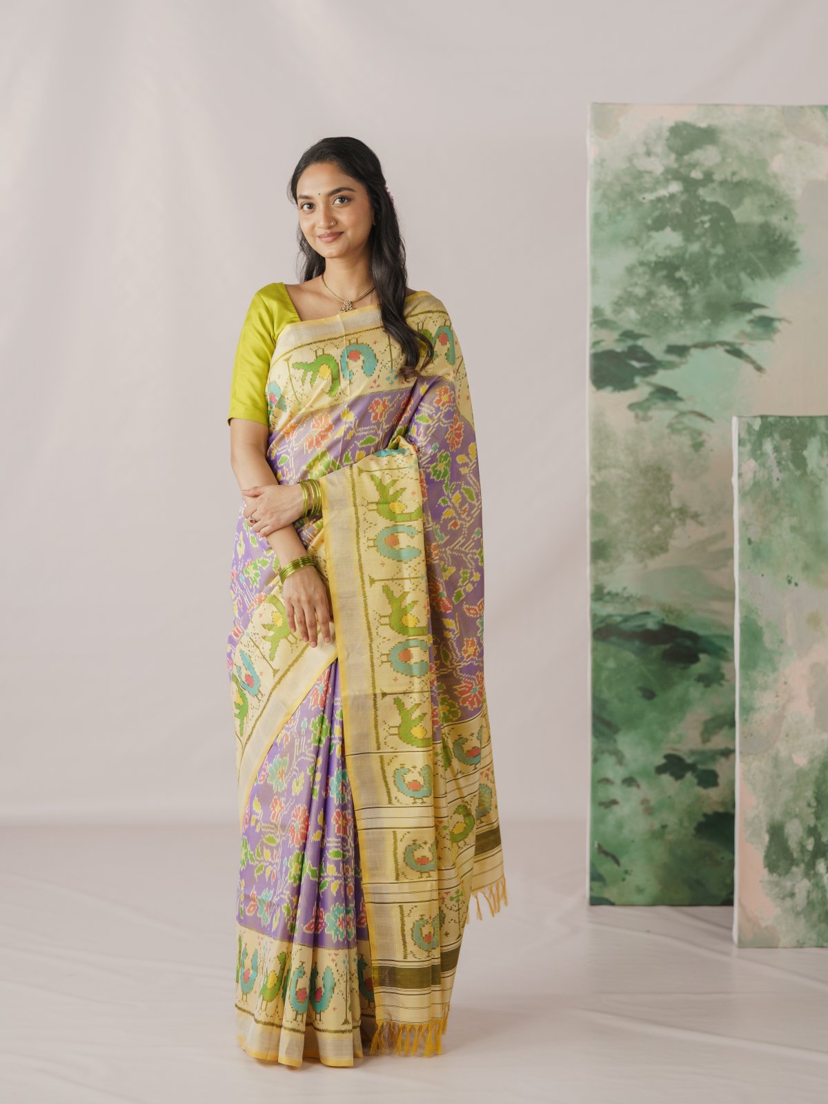 Lavender Patola Silk Saree with Light Yellow Border