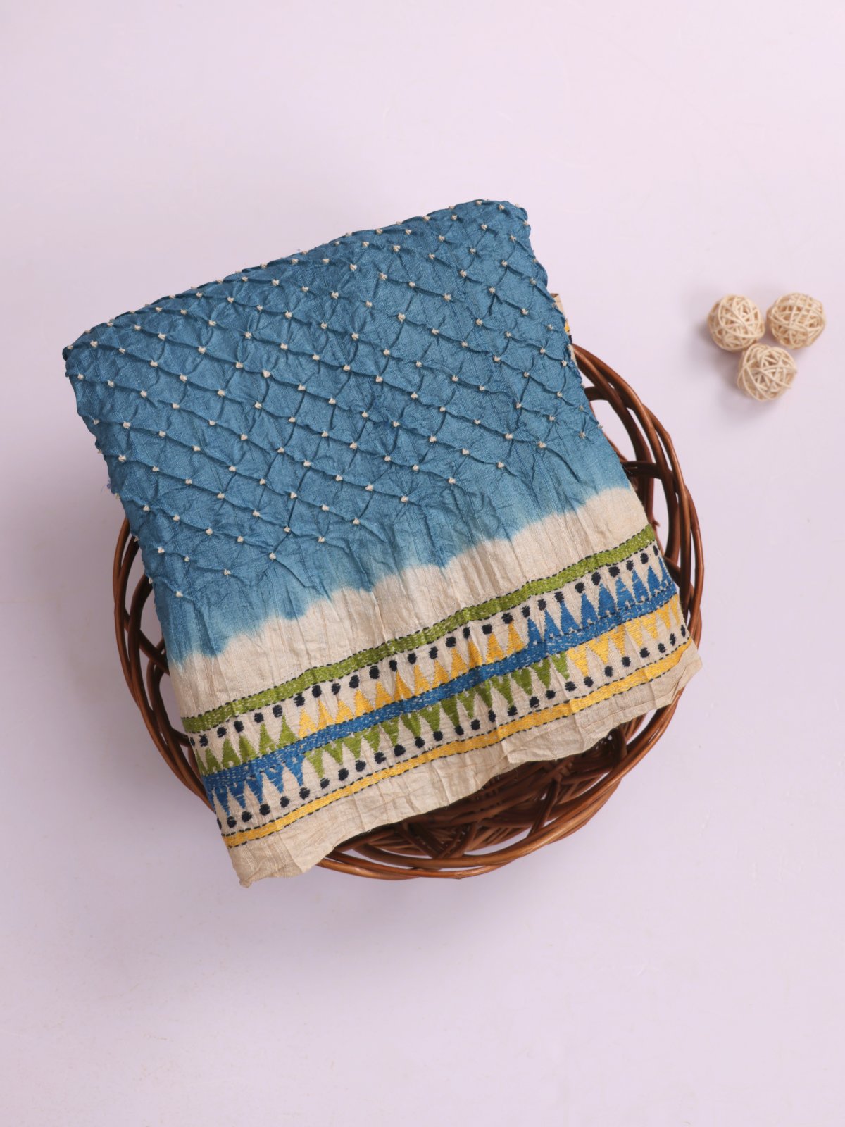 Blue Bandhini Tussar Silk Saree With Embroidered Border