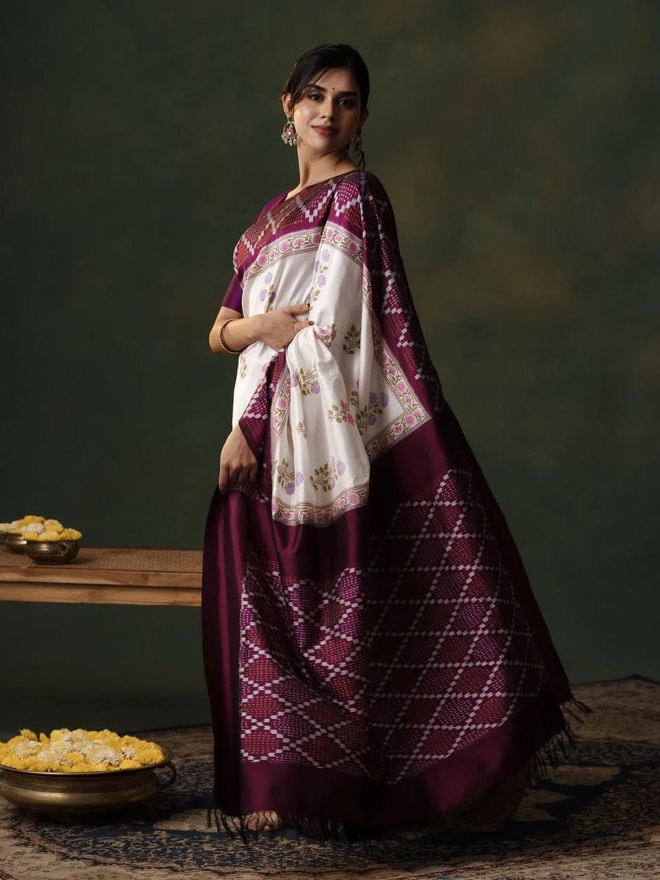 White Block Printed Kanjeevaram Silk Saree With Magenta Pink Ikat Border