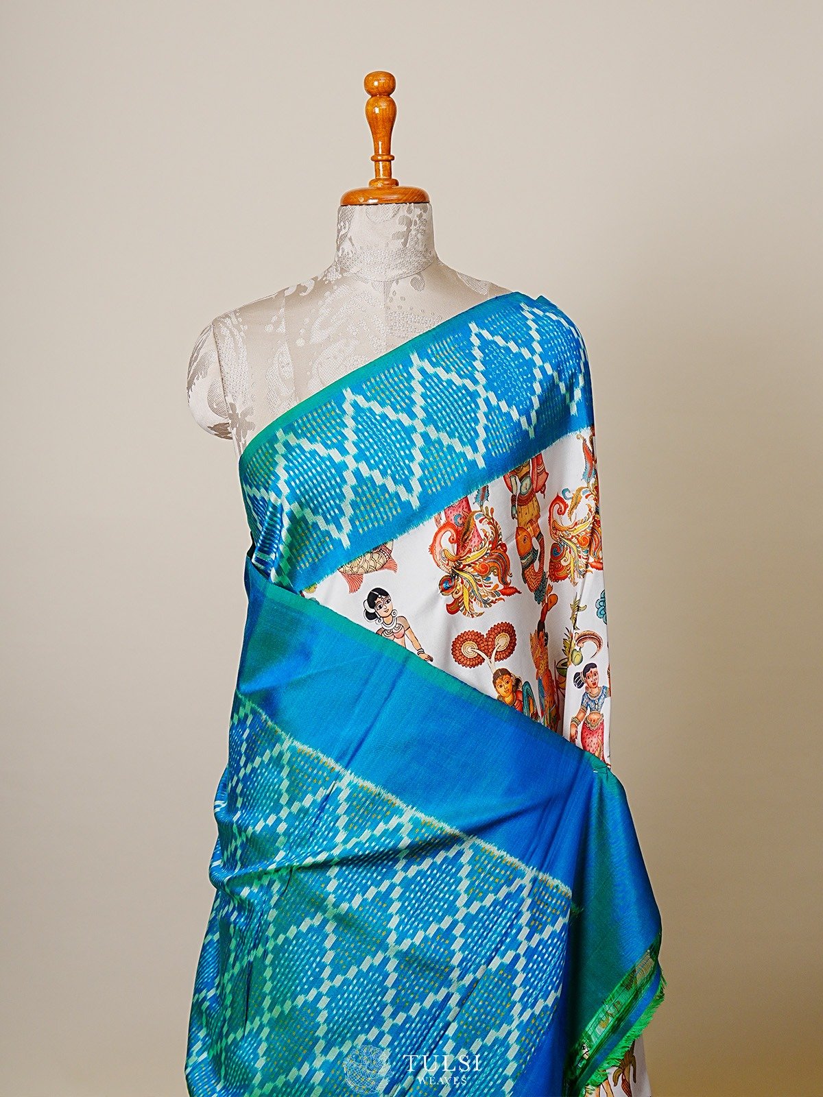 White Printed Kanjeevaram Silk Saree with Ikat Border