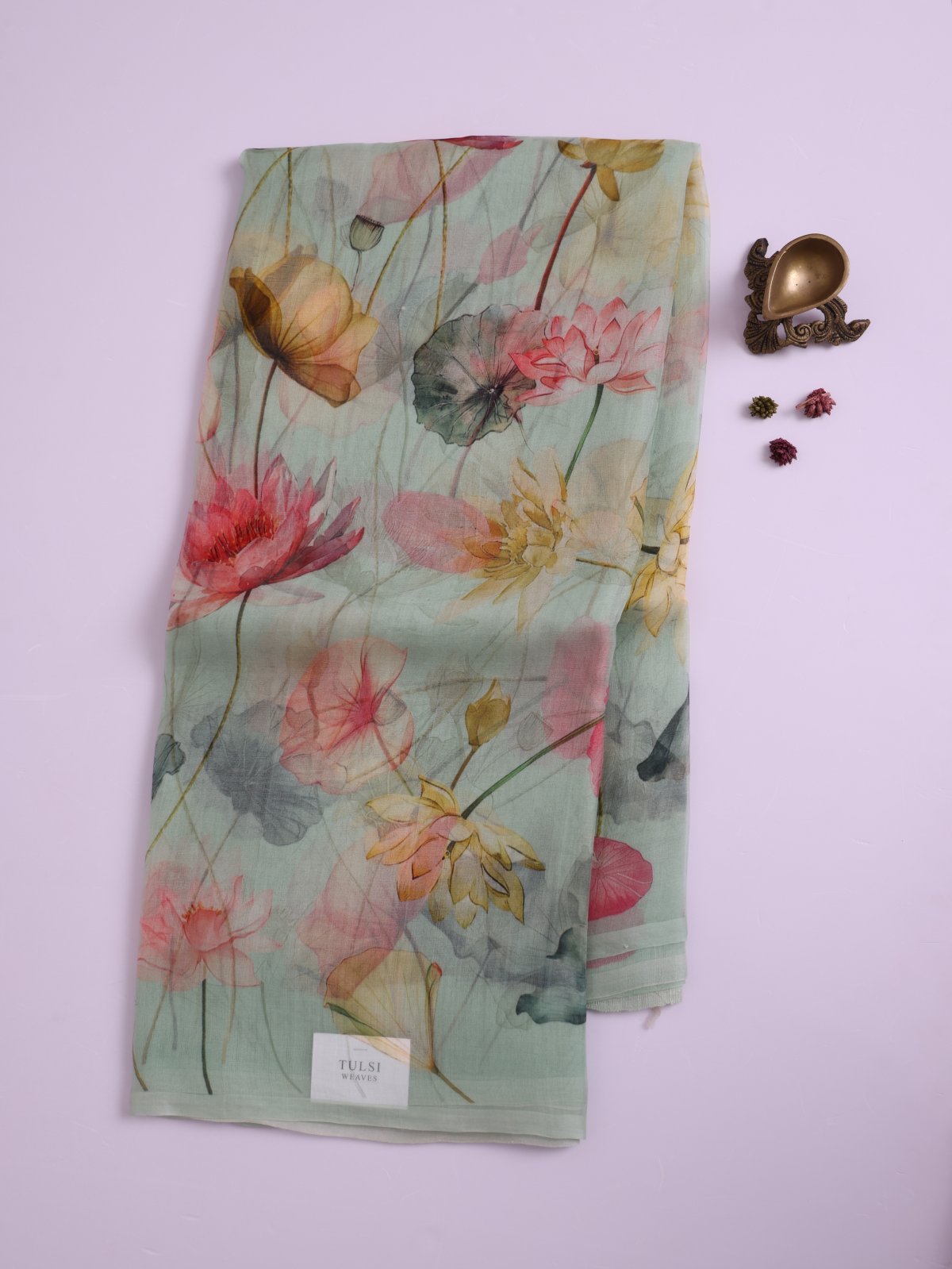 Light Green Printed Organza Silk Saree with Jamdani Pallu