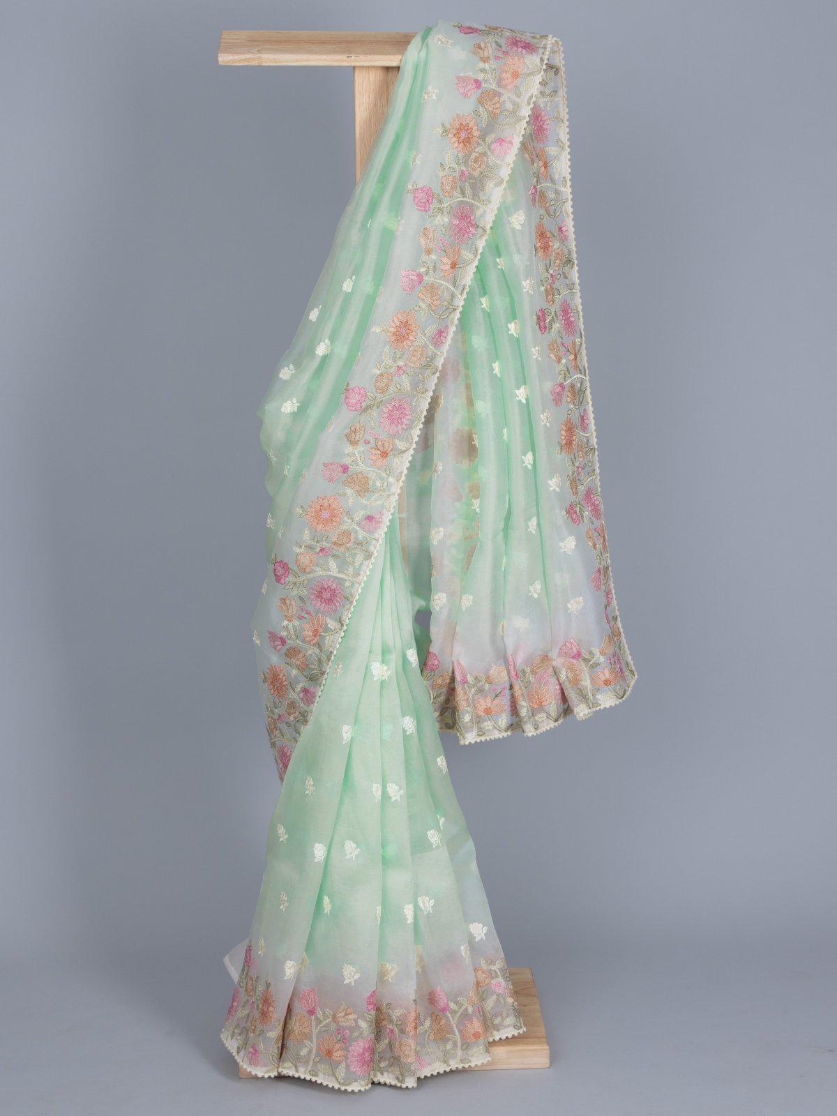Light Teal Organza Saree With Embroidered Border