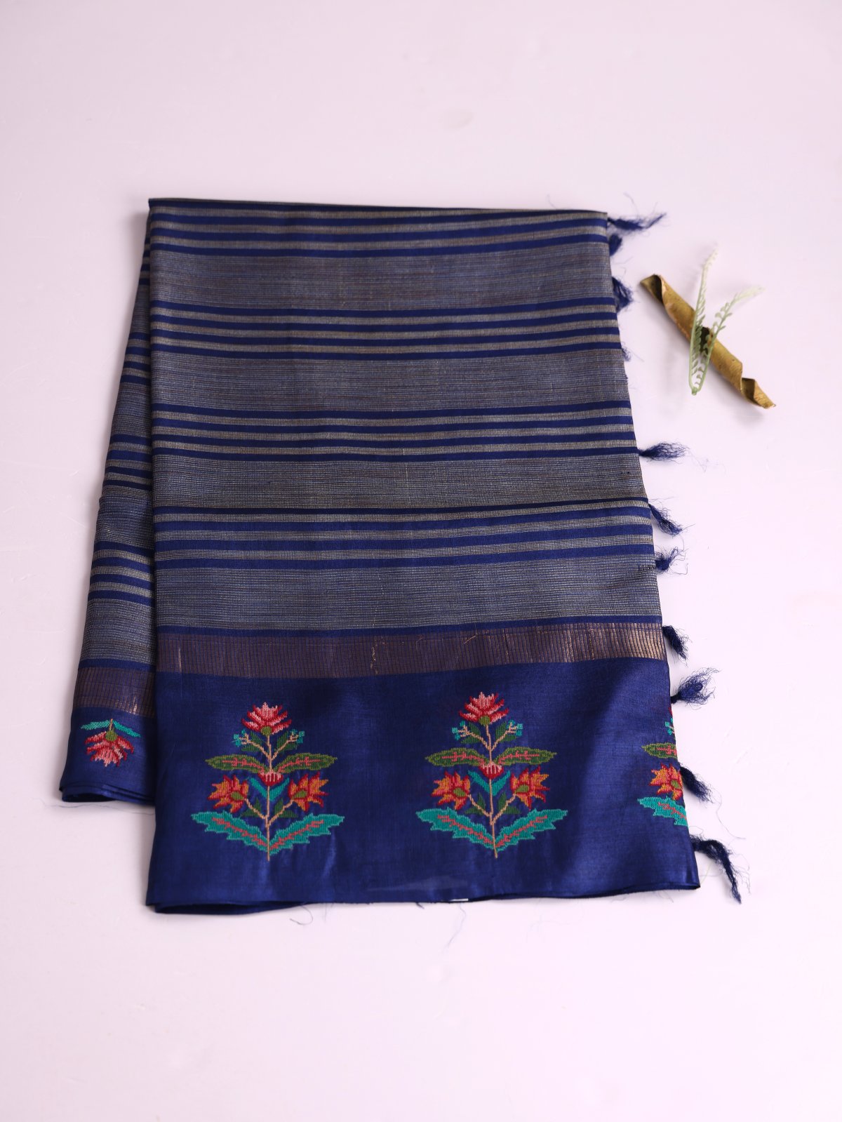 Navy Blue Striped Tussar Silk Saree With Cross-Stitch Embroidered Border