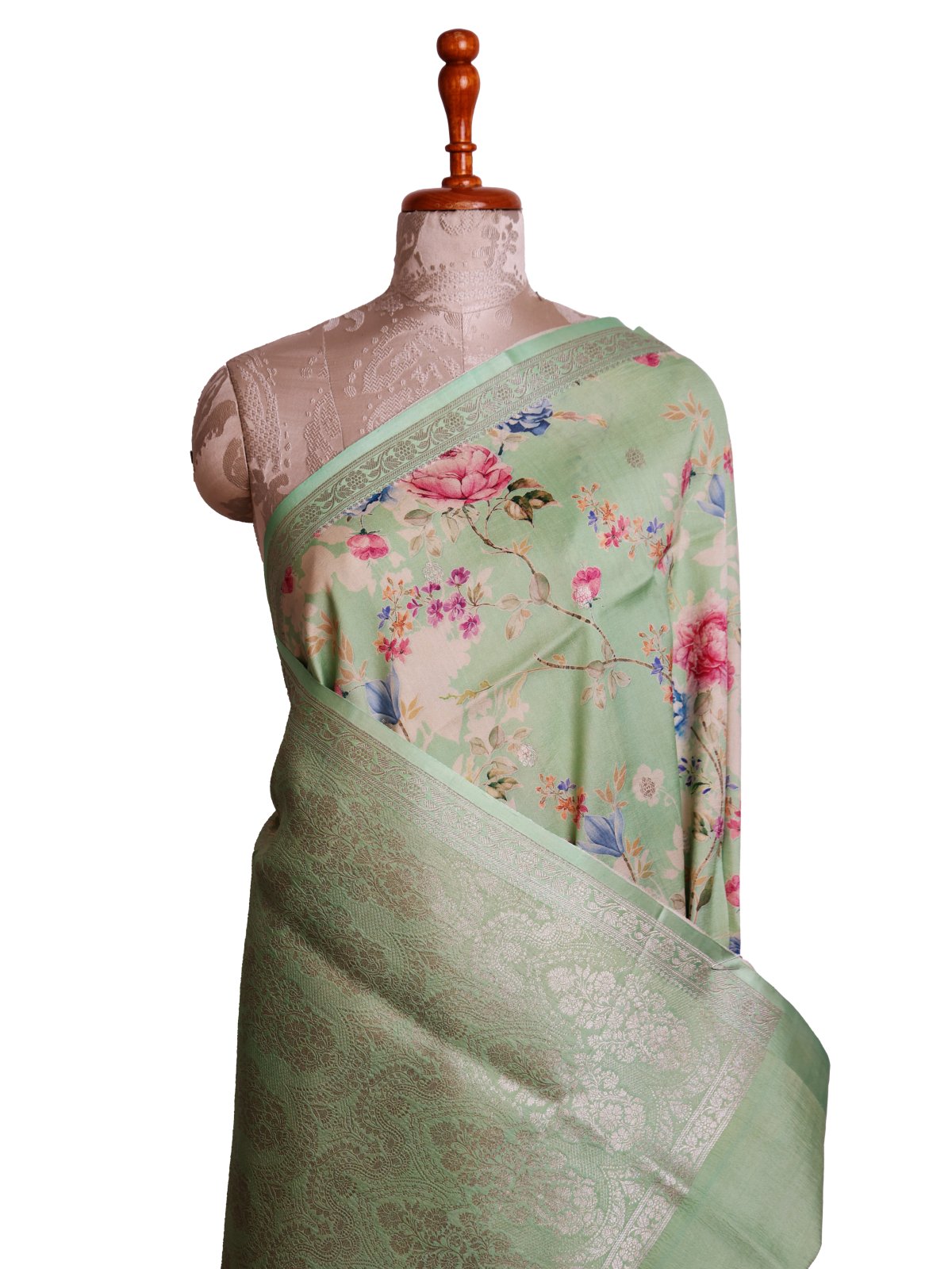 Light Green Printed Tussar Georgette Silk Saree