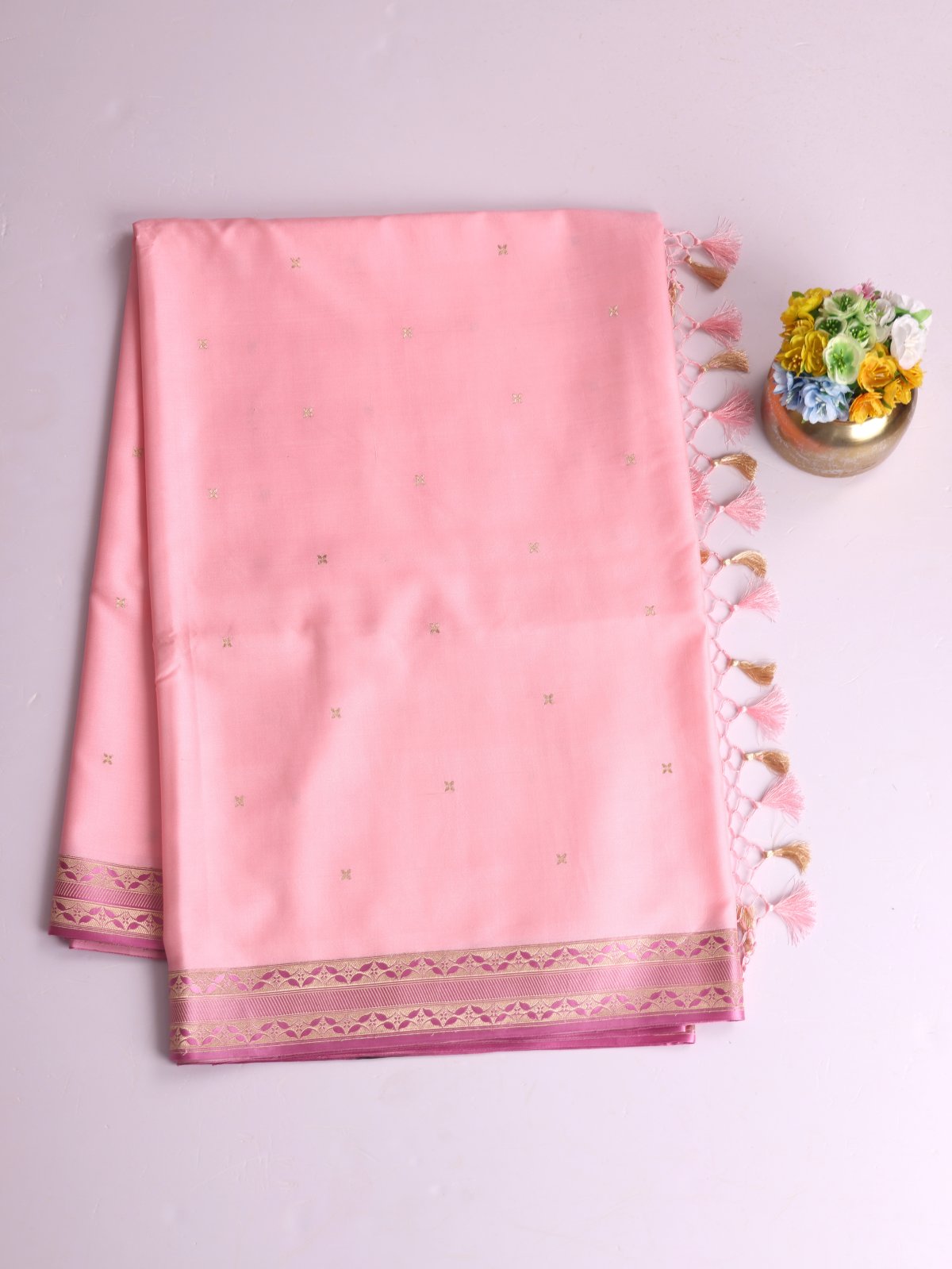 Light Pink Mashru Silk Saree With Onion Pink Zari Border