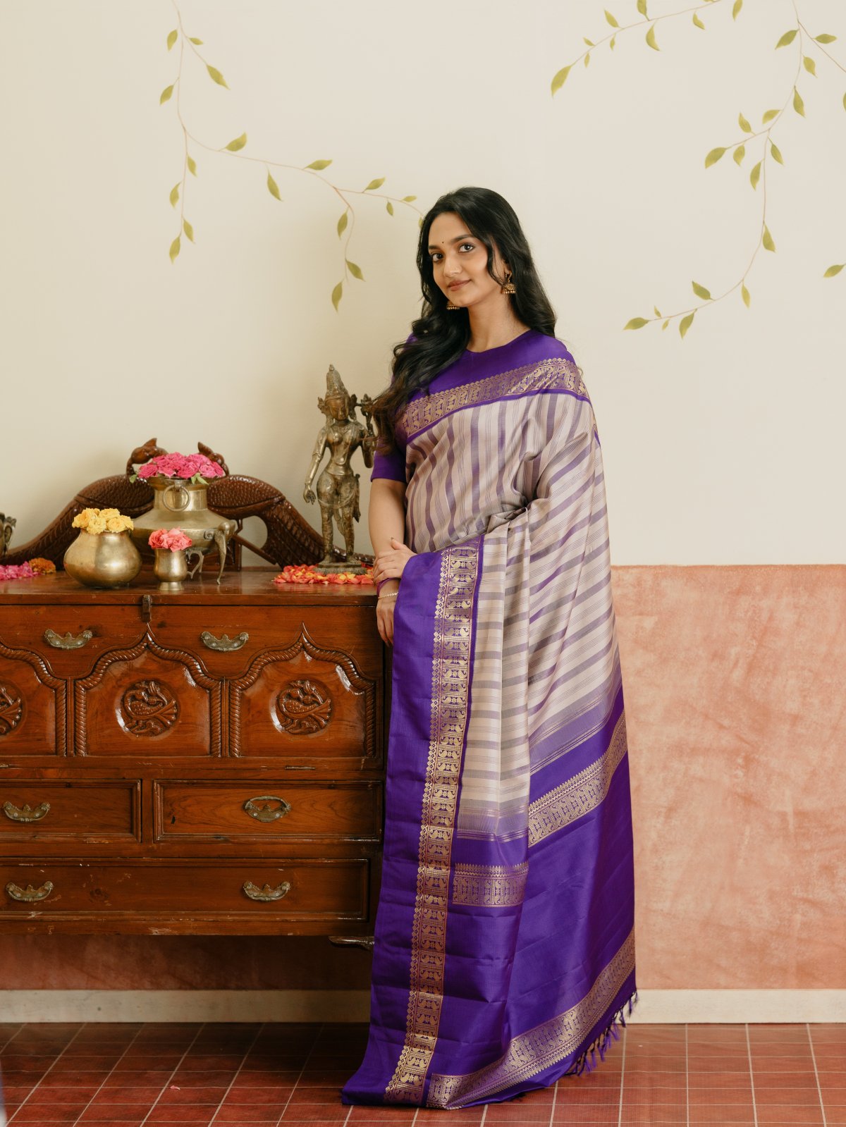 Vintage 76 - Grey And Purple Striped Kanjeevaram Silk Saree With Purple Border