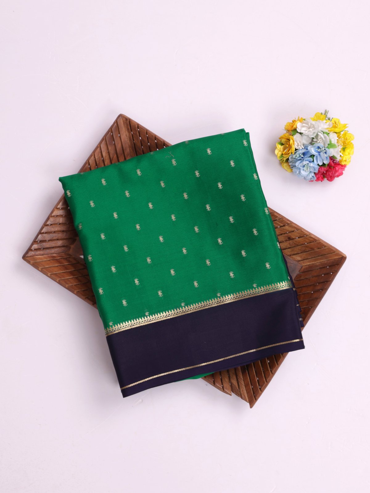 Green Mysore Silk Saree With Navy Blue Border