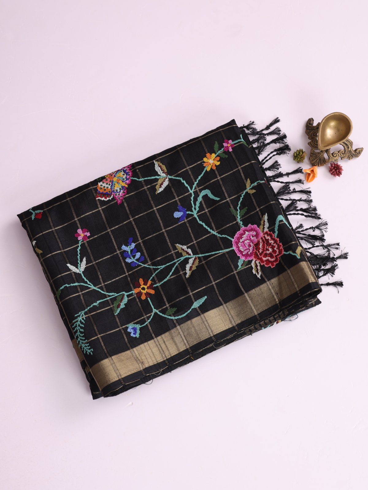Black Zari Checked Semi Tussar Silk Saree With Cross-Stitch Embroidery