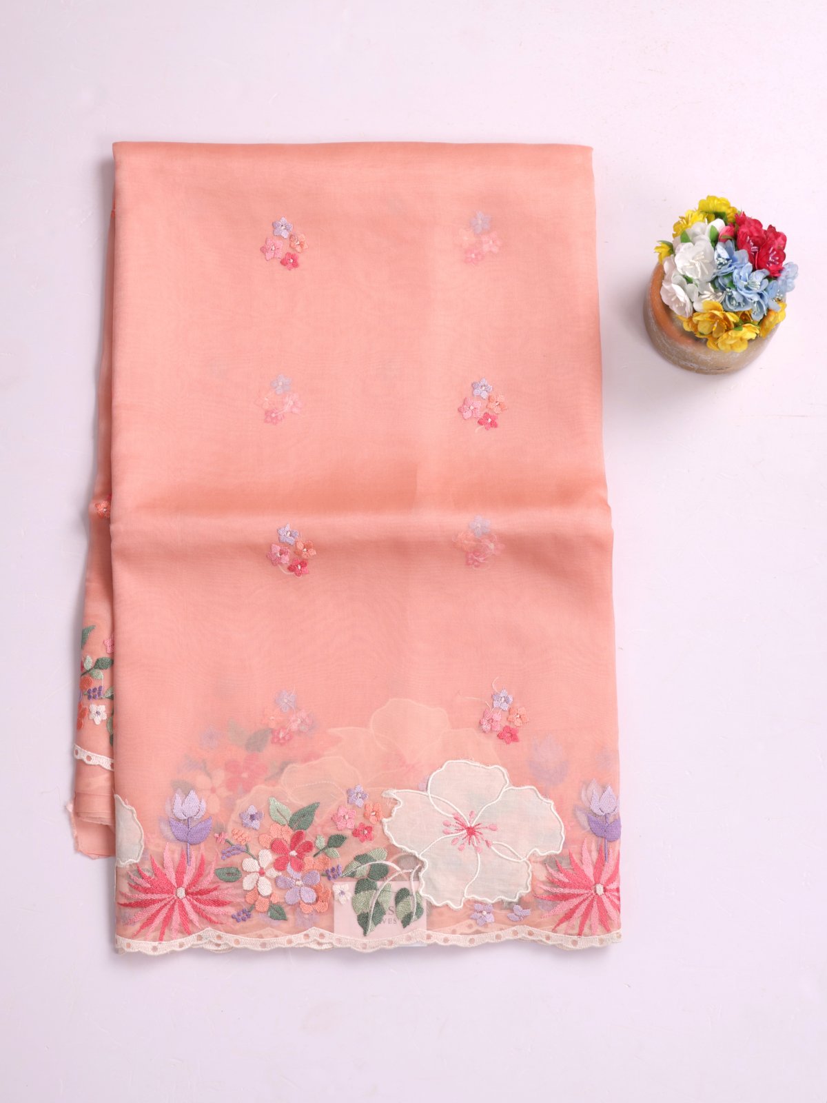 Peach Embroidered Organza Silk Saree With Applique Work