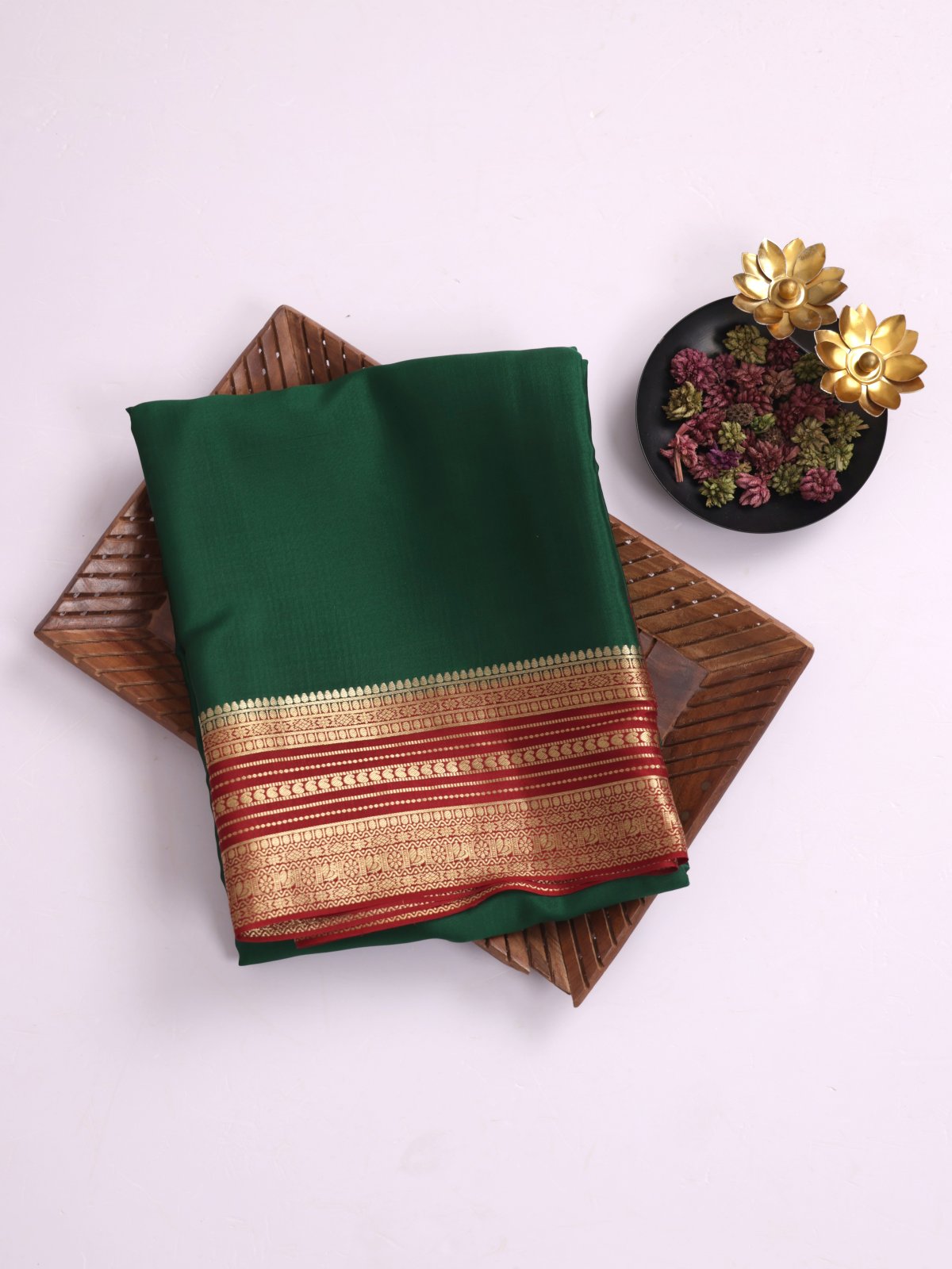 Emerald Green Mysore Silk Saree with Brown Zari Border