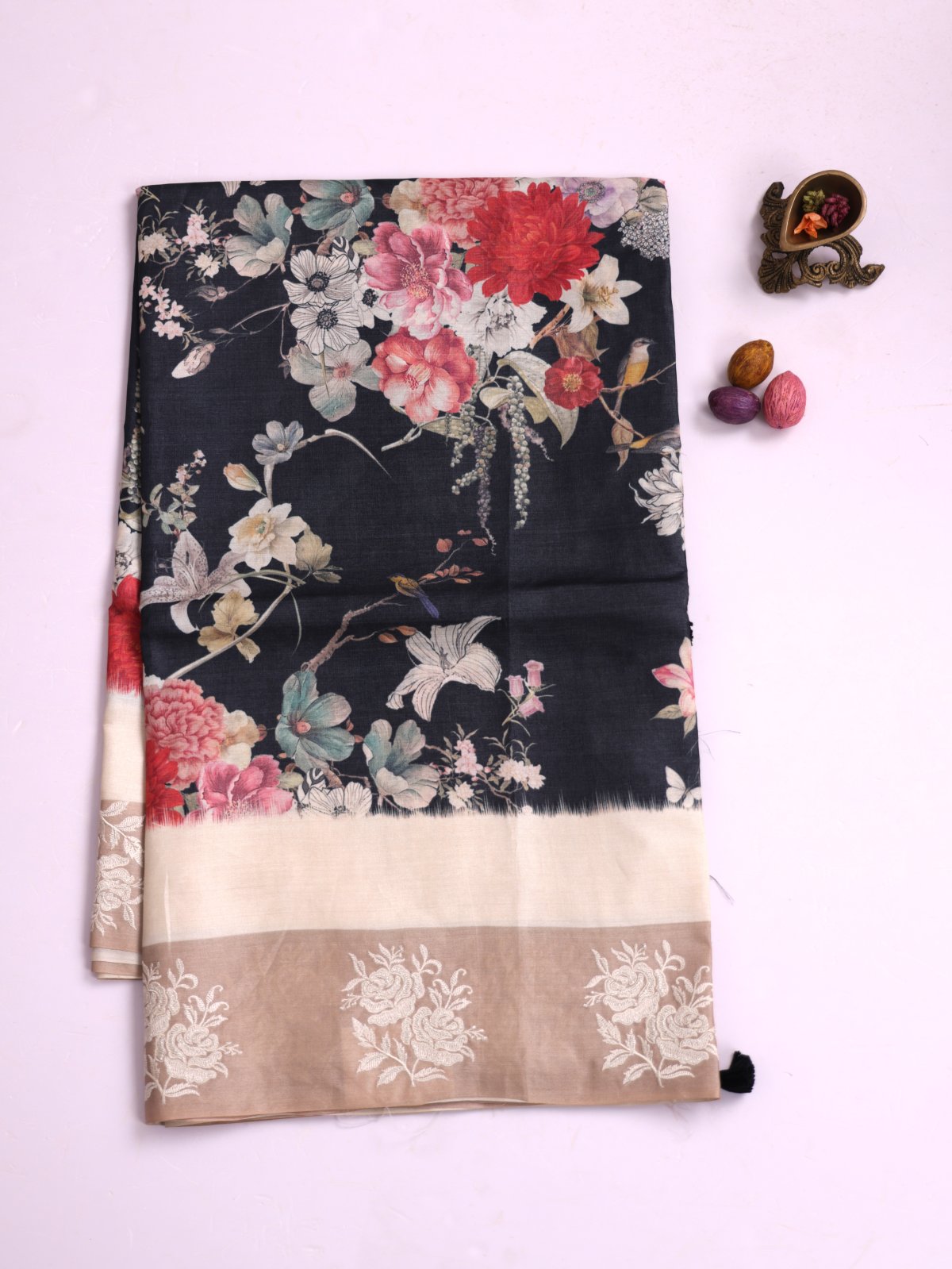 Black Printed Tussar Silk Saree With Beige Embroidered Border