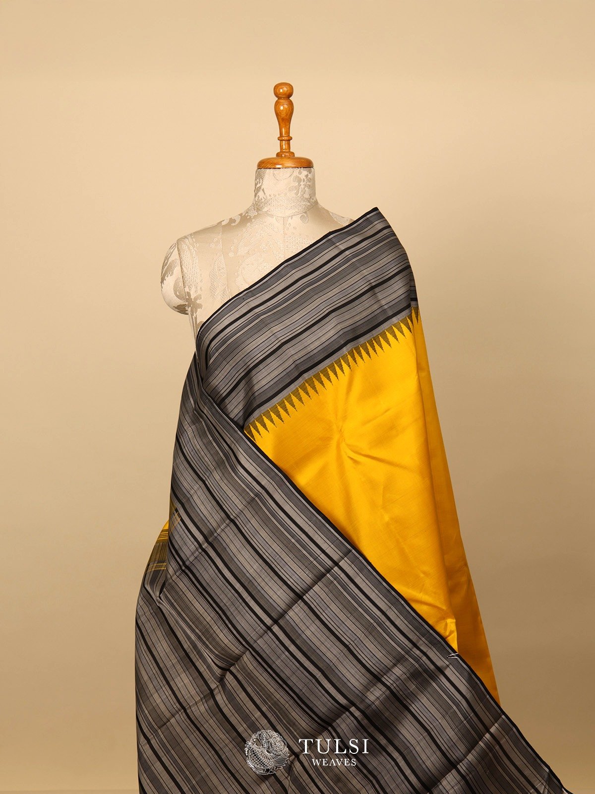 Yellow Kanjeevaram Silk Saree with Striped Border