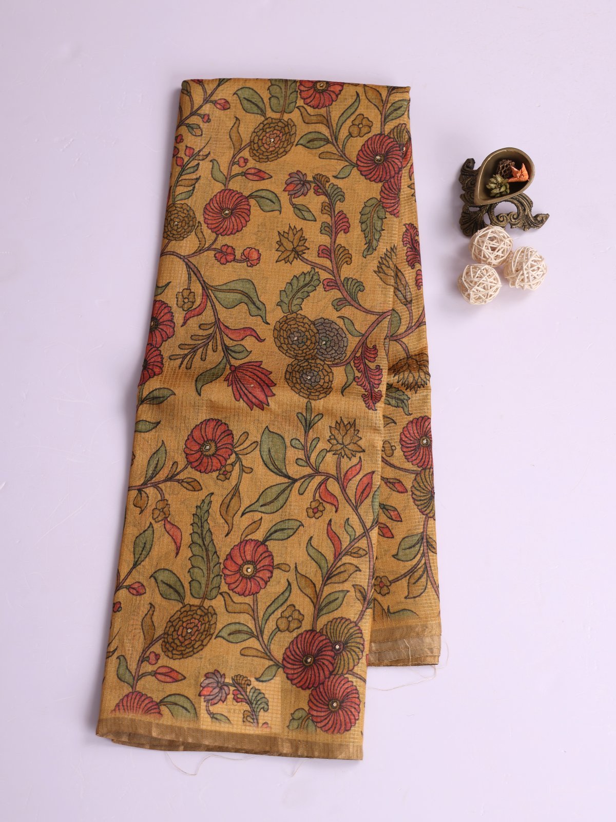 Mustard Yellow Printed Tussar Silk Saree