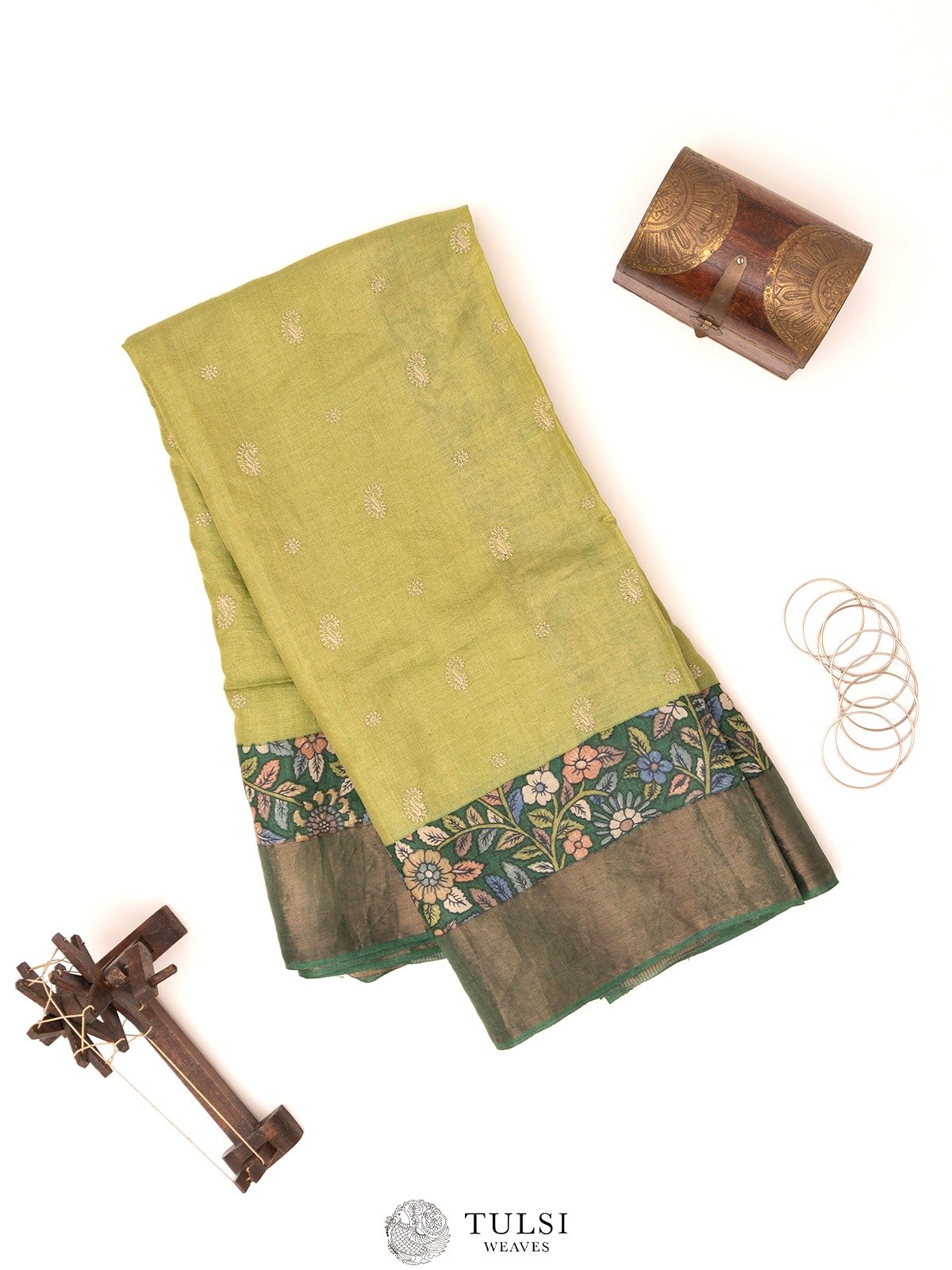 Pistachio Green Tussar Silk Saree With Kalamkari Border