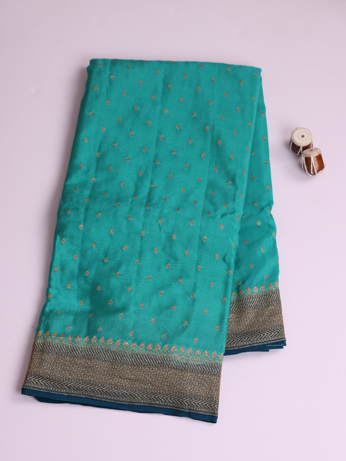 Teal Blue Banaras Crepe Silk Saree With Peacock Blue Border